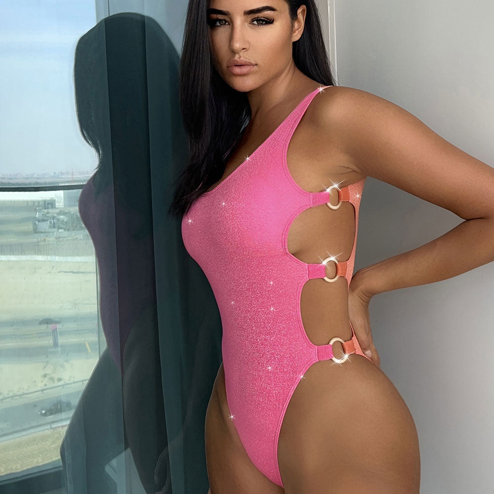 Premium Glitter High-Leg Cutout One-Piece Swimsuit with O-Ring Detail