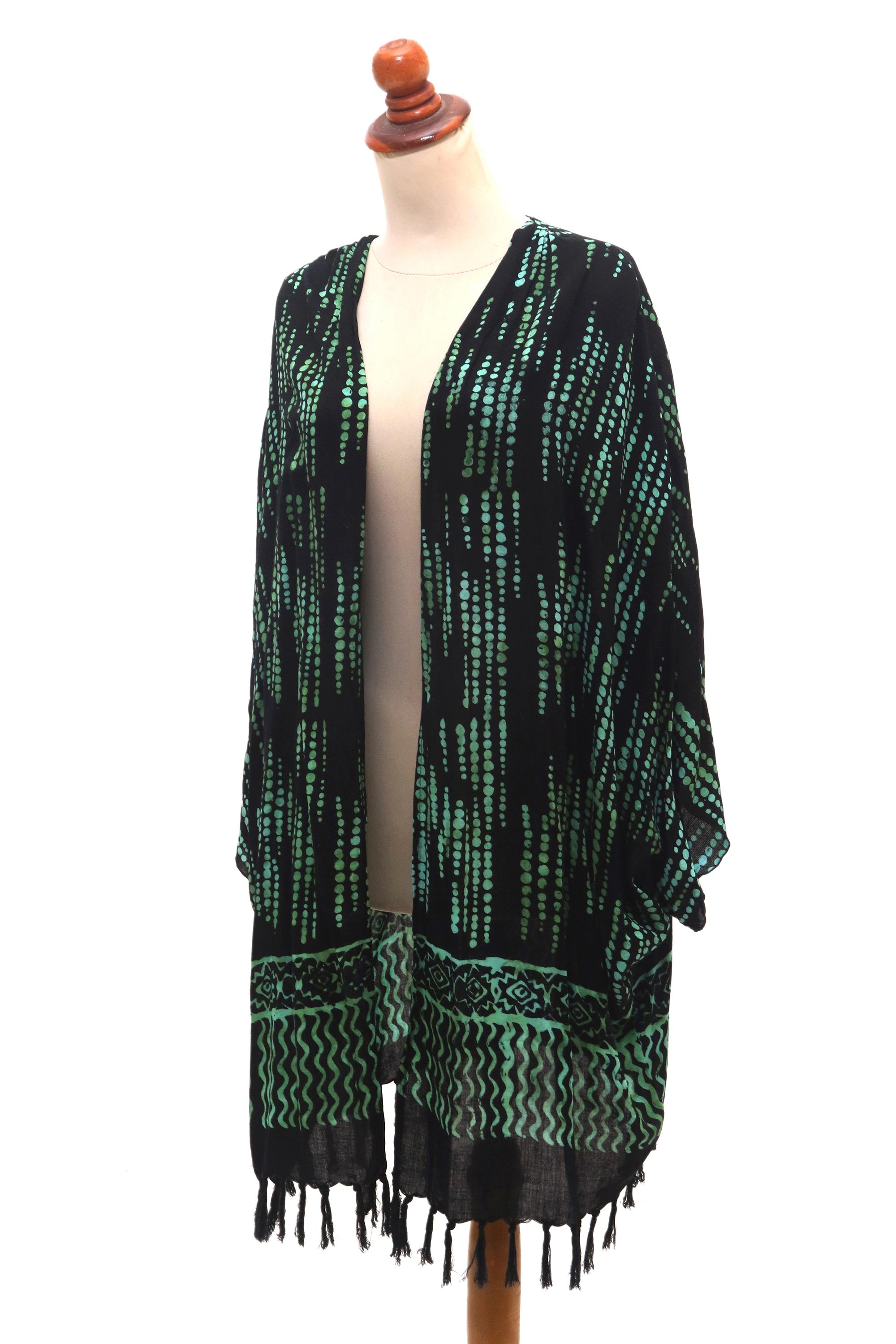 Premium Hand-Stamped Black & Mint Rayon Batik Kimono