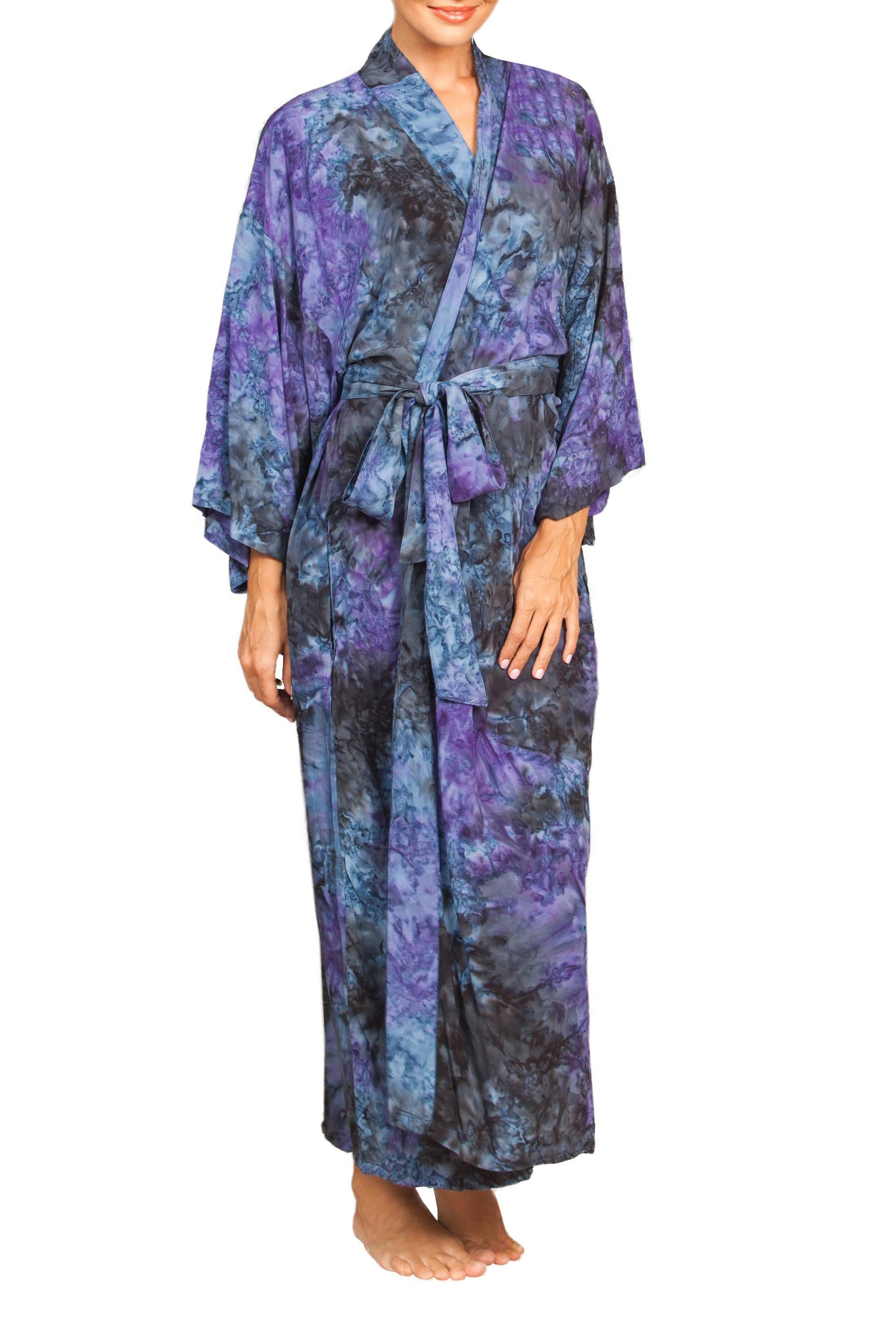 Premium Handmade Tie-Dye Rayon Kimono Robe - Wild Blues from Indonesia