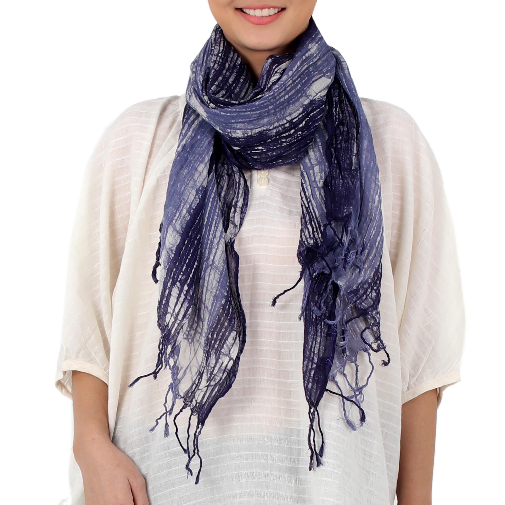 Premium Blue-Violet Iris Batik Cotton Scarf – Handcrafted in Thailand