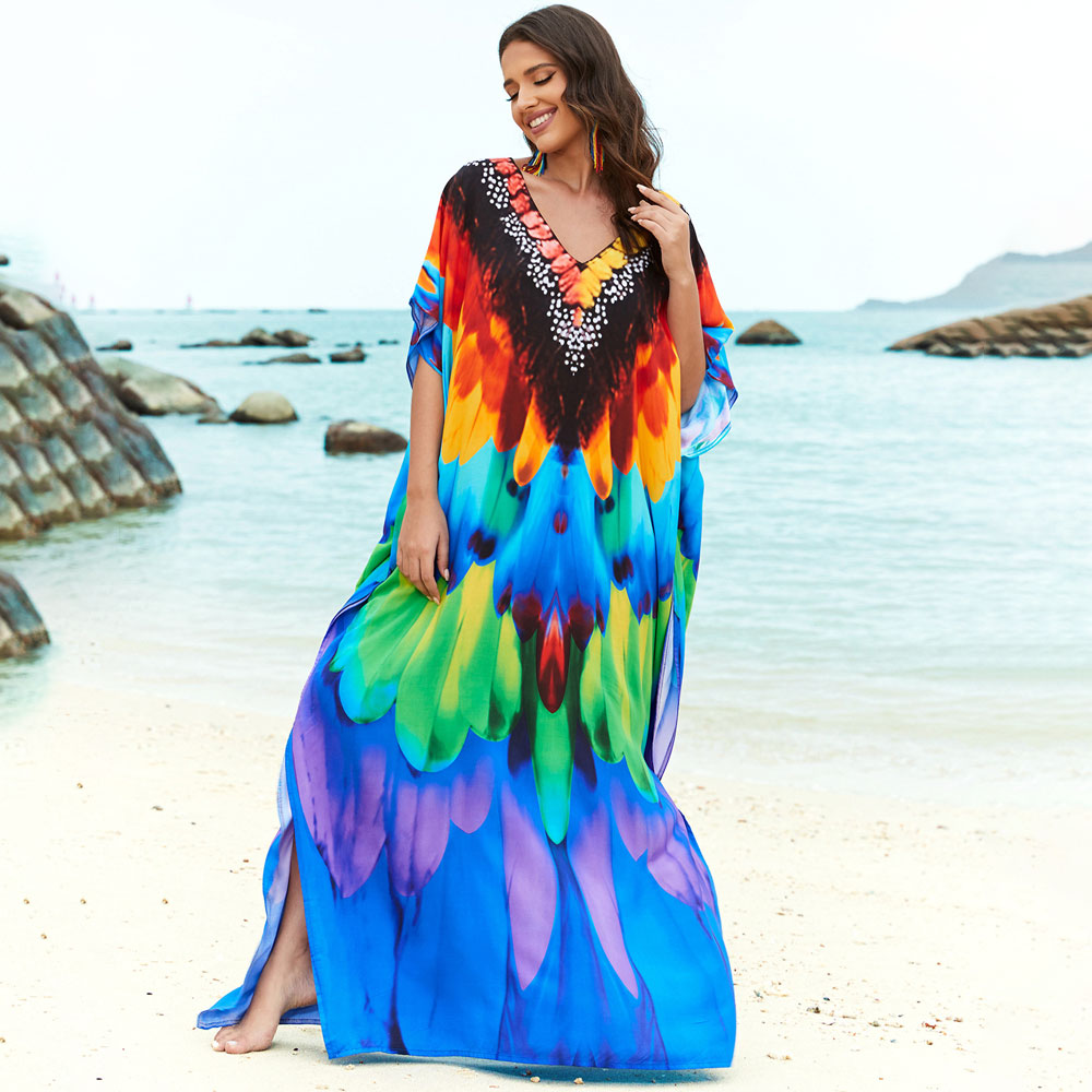 Premium Boho V-Neck Maxi Dress - Vibrant Brazilian Caftan Cover-Up