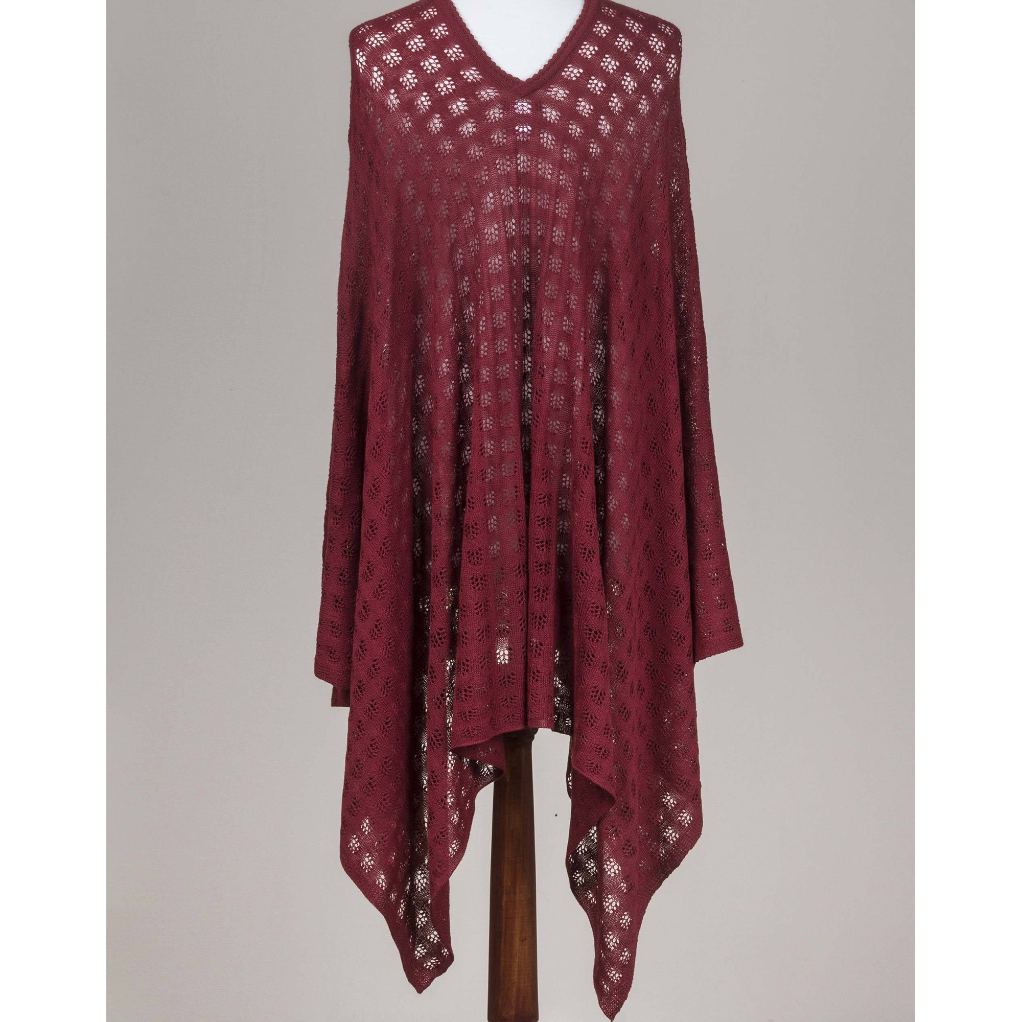 Premium Burgundy Alpaca Bohemian Poncho - Handmade by Peruvian Artisans