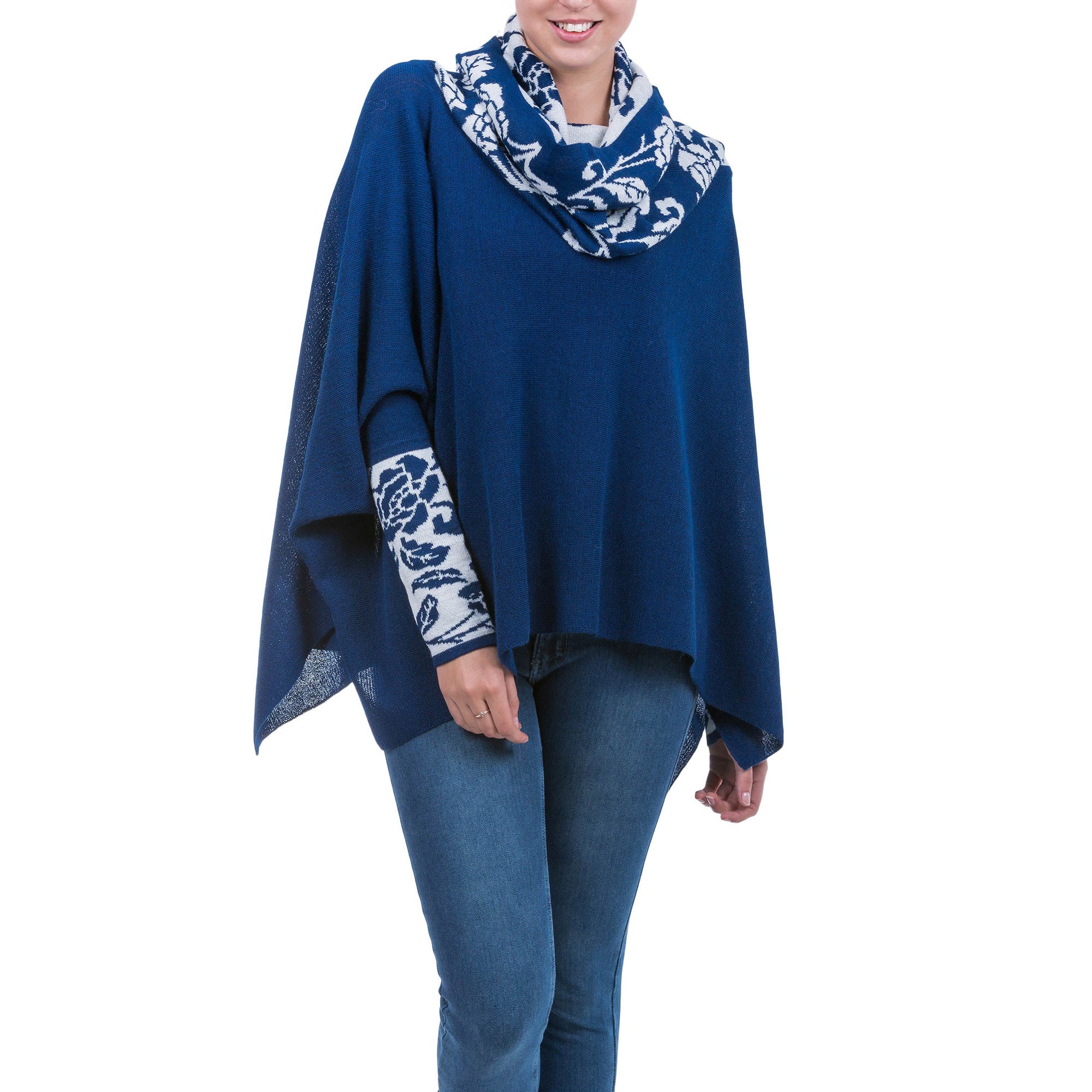 Premium Blue Roses Alpaca Poncho with Sleeves