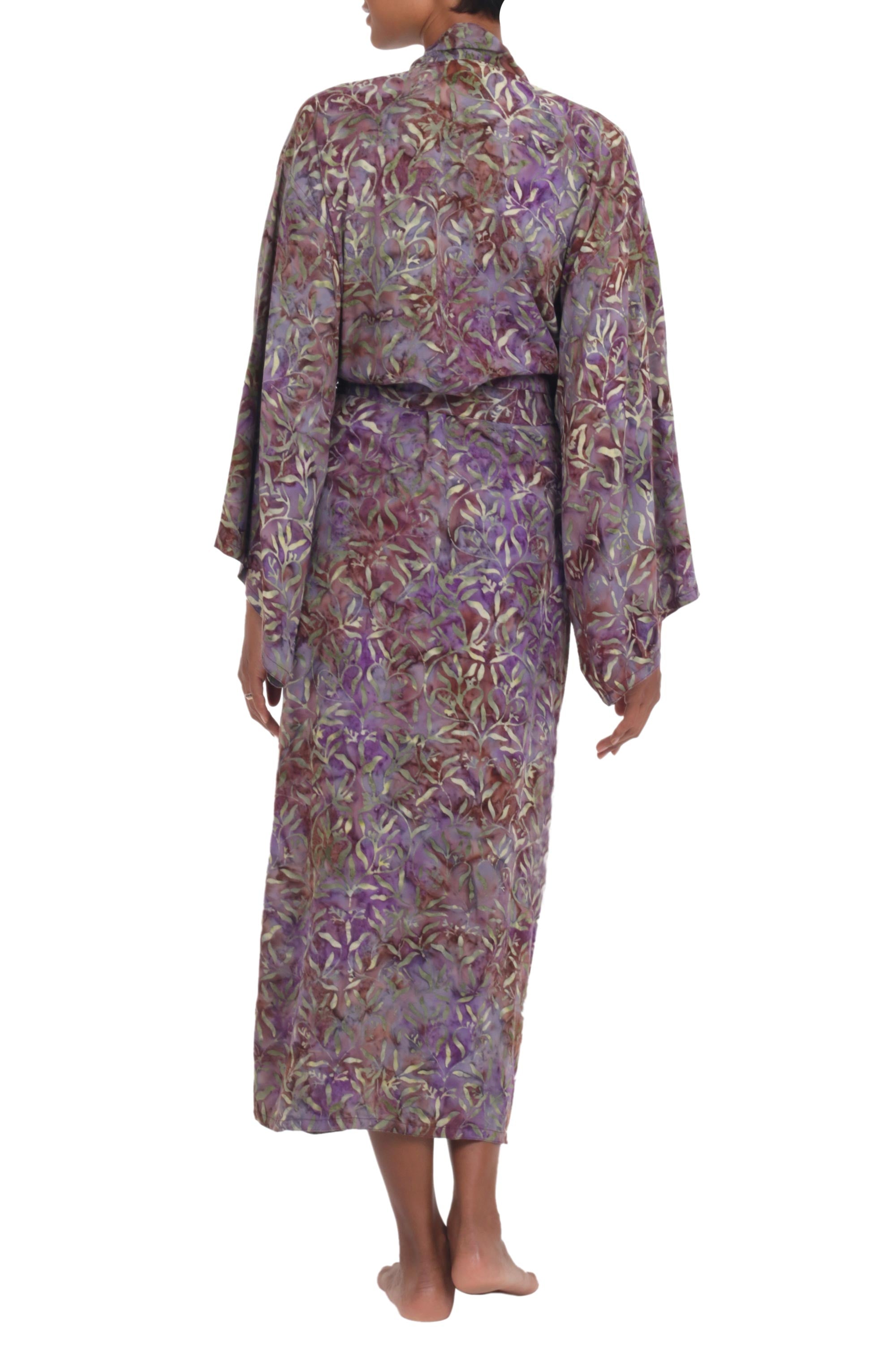 Premium Floral Mansion Rayon Robe - Sienna & Purple Batik Design