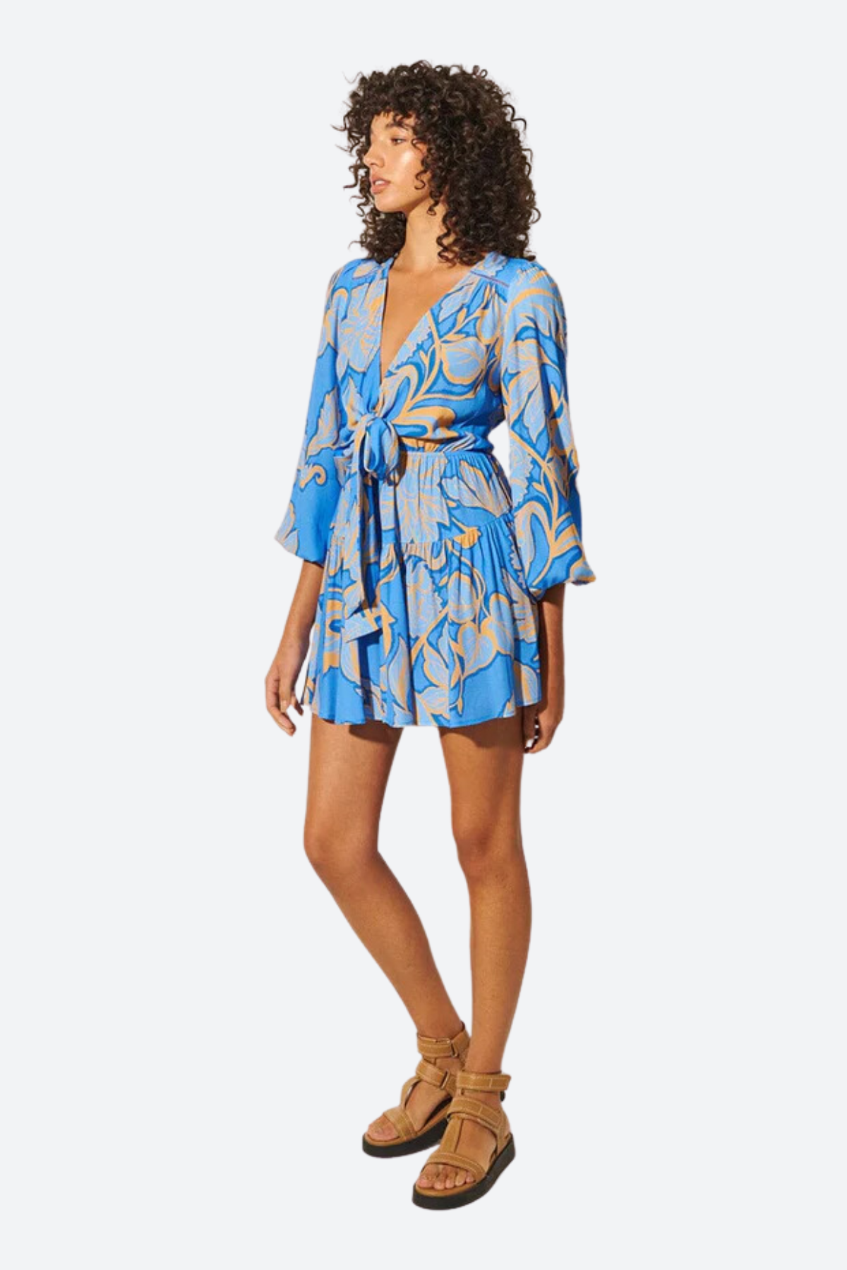 Premium Kivari Taniana Tie Front Mini Dress - Azure Floral Design