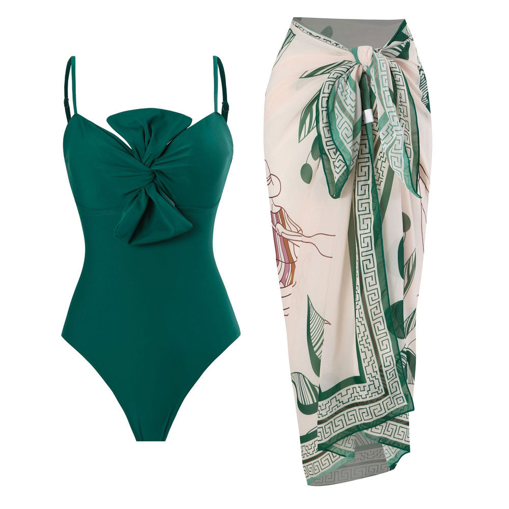 Premium Botanical Print Cover-Up & Bowknot Twist Front One-Piece Swimsuit Set