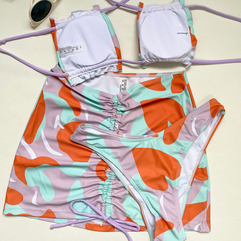 Premium Abstract Print Brazilian Bikini Set with Ruffle Trim