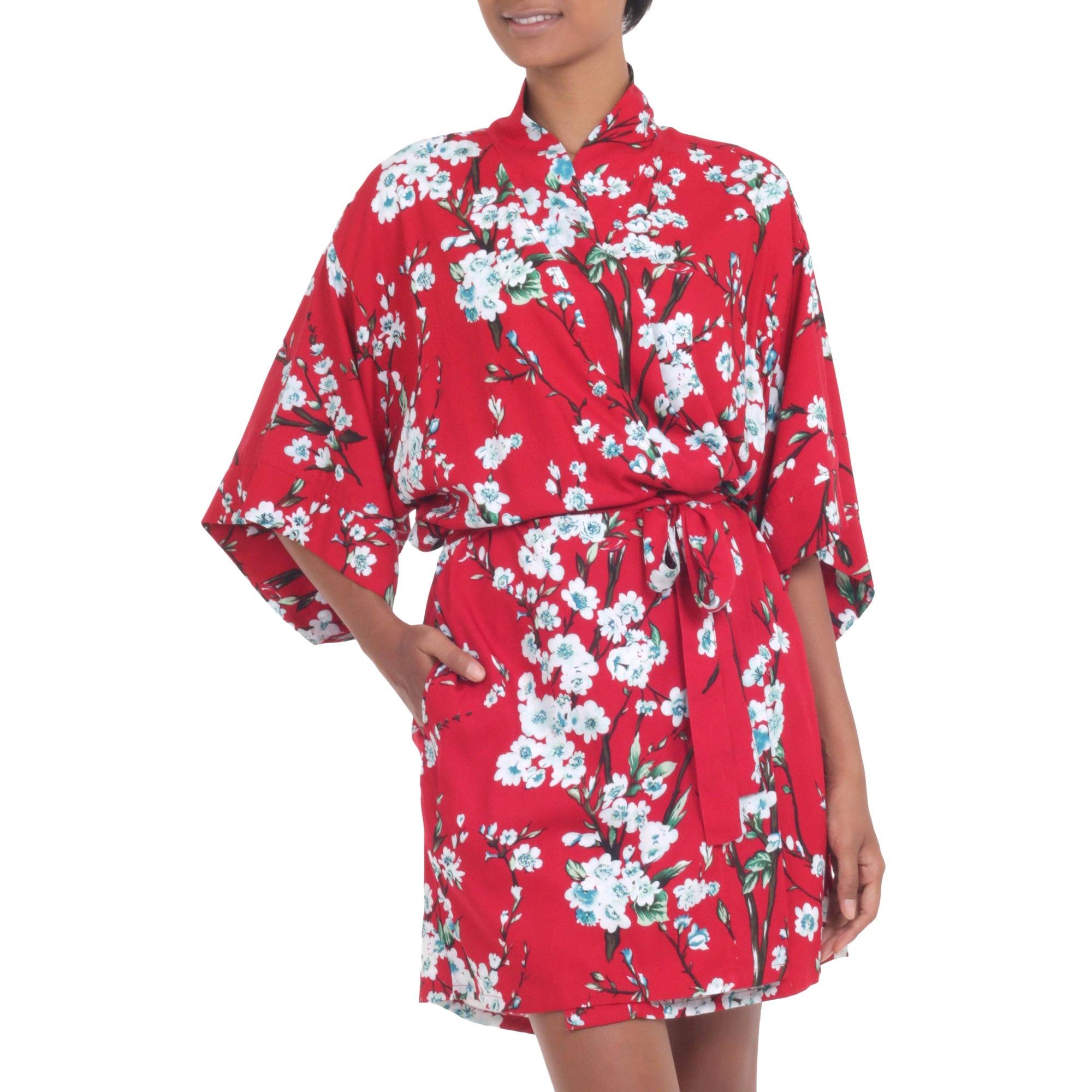 Premium Holy Jasmine Floral Robe - Caribbean Blue & Candy Apple Red