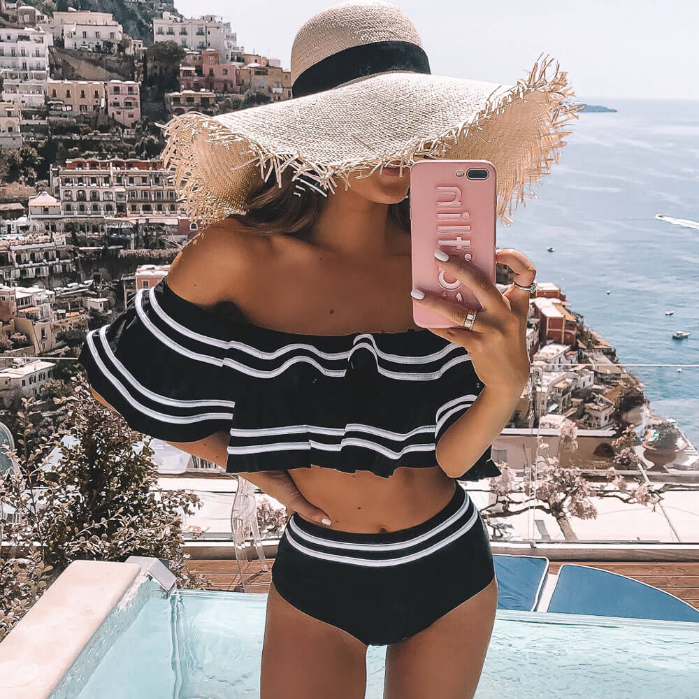 Premium Striped High Waist Off-Shoulder Bikini Set