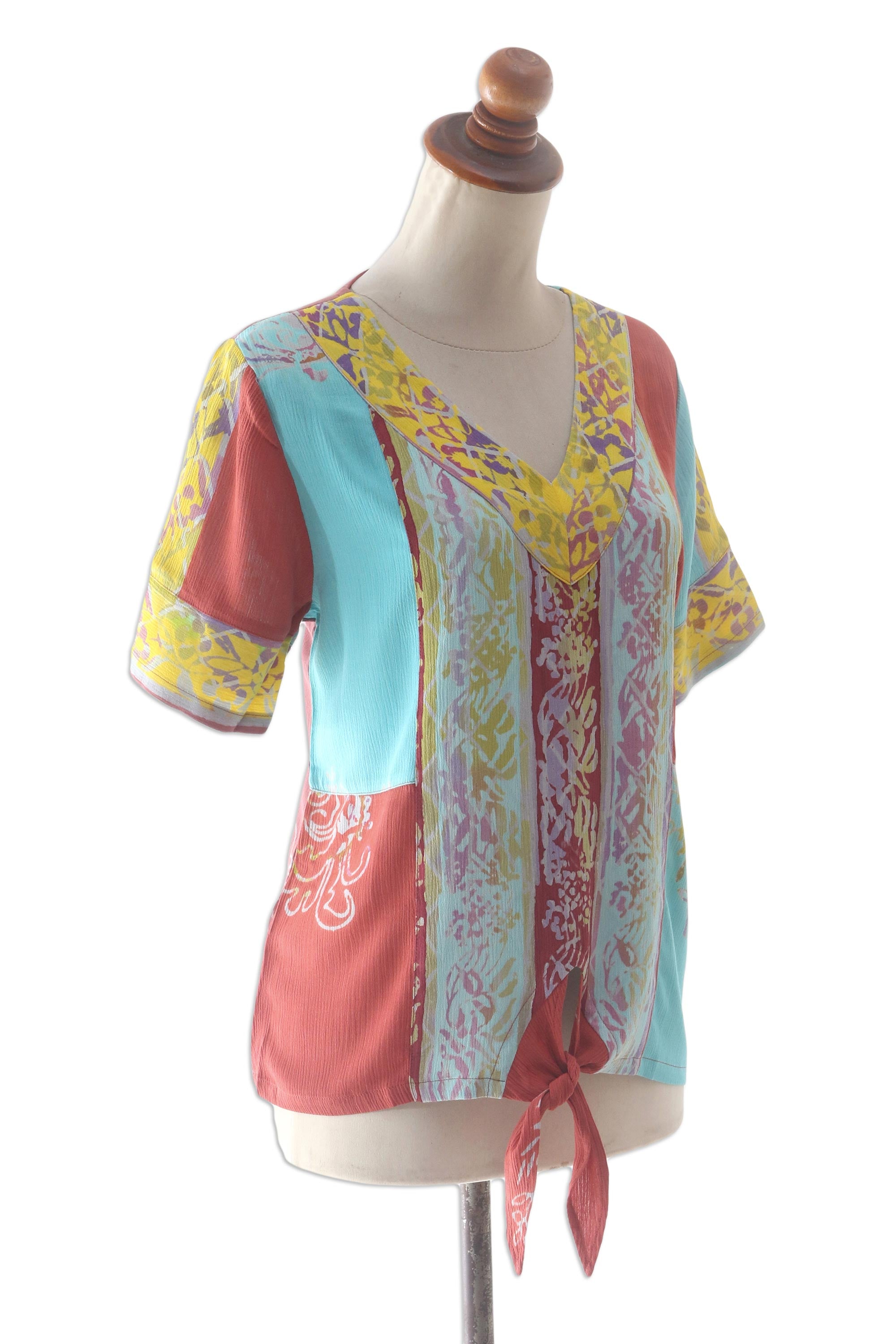 Premium Bali Rainbow Tie-Front Rayon Blouse - Handcrafted Batik Art