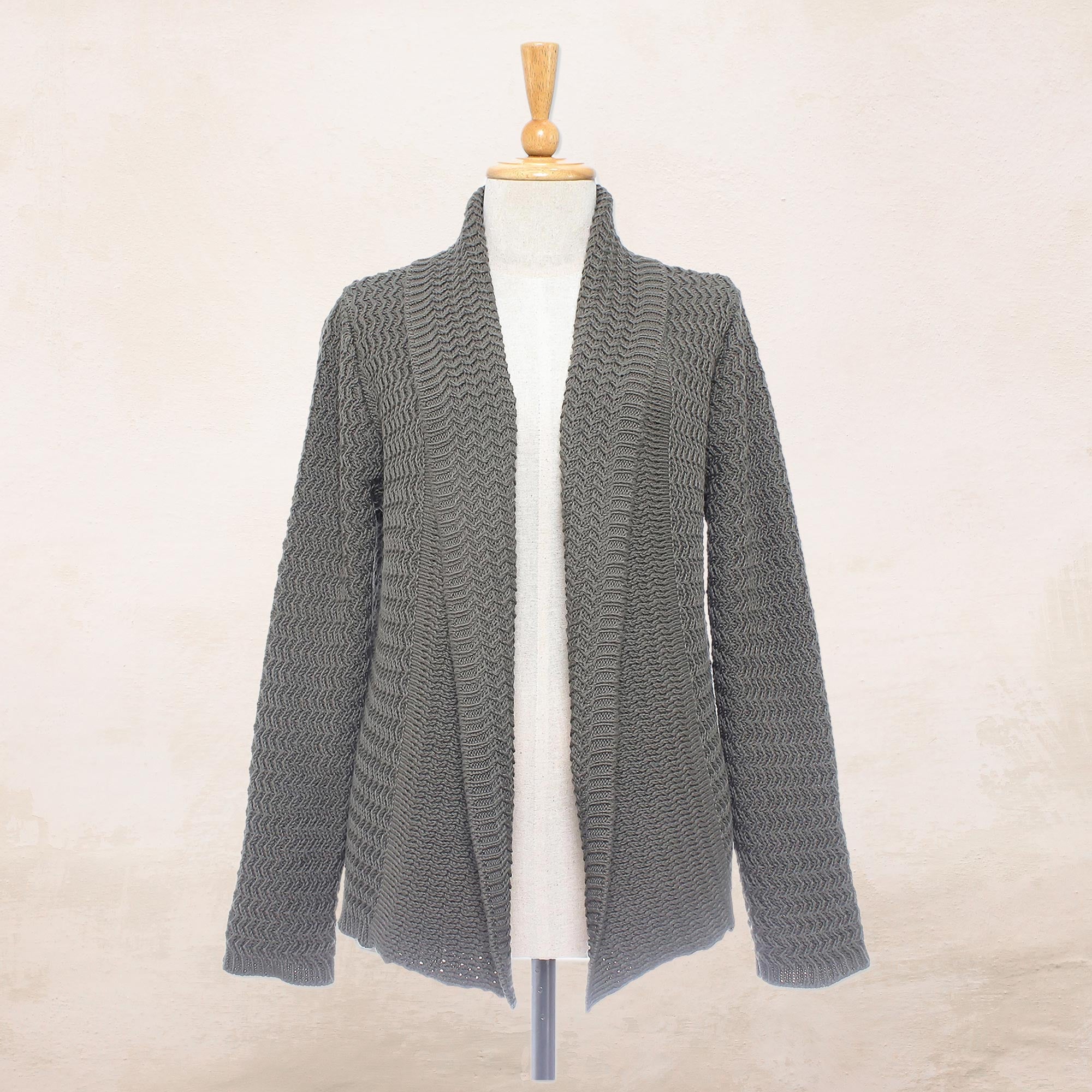 Premium Dark Taupe Cotton Knit Cardigan with Intricate Zigzag Design