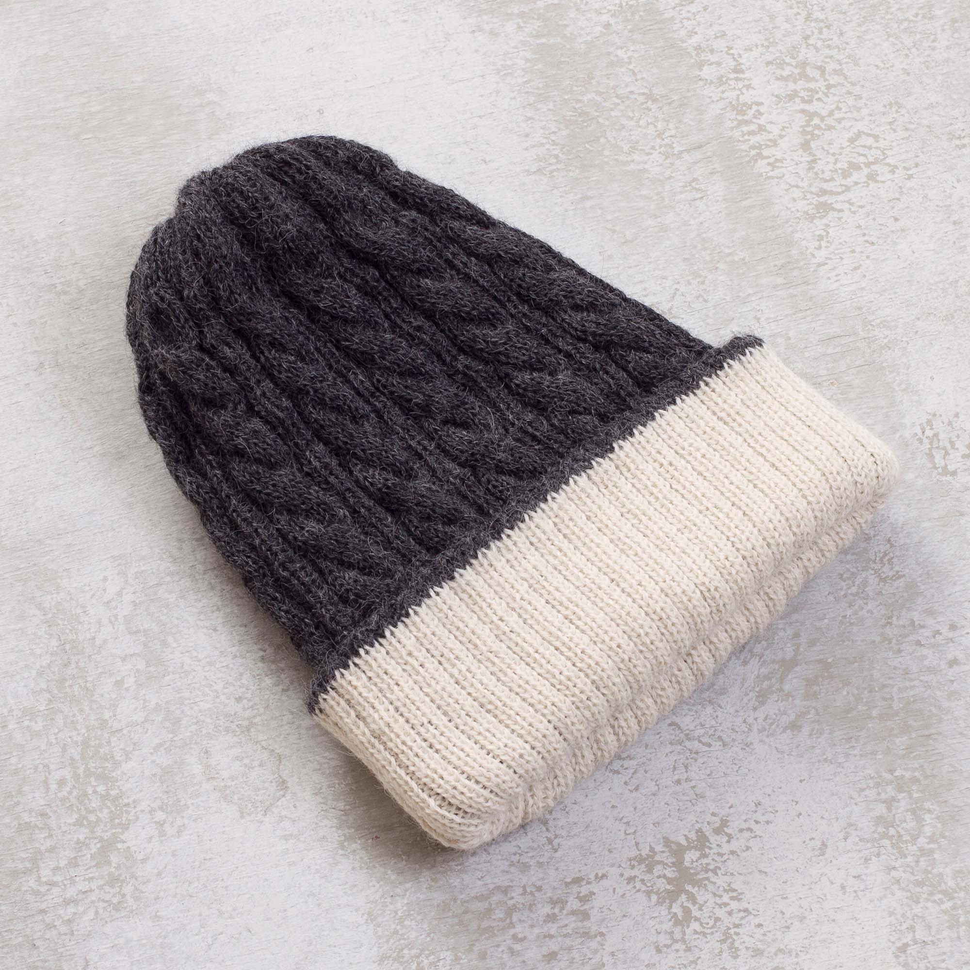 Premium Reversible Alpaca Knit Hat - White & Grey | Ultimate Winter Comfort