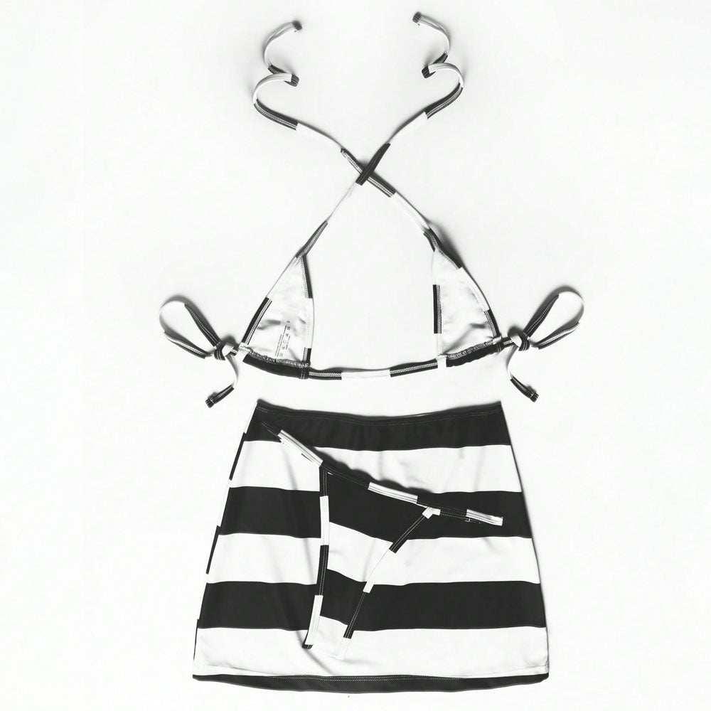 Premium Nautical Striped Bikini Set with Cover-Up Skirt