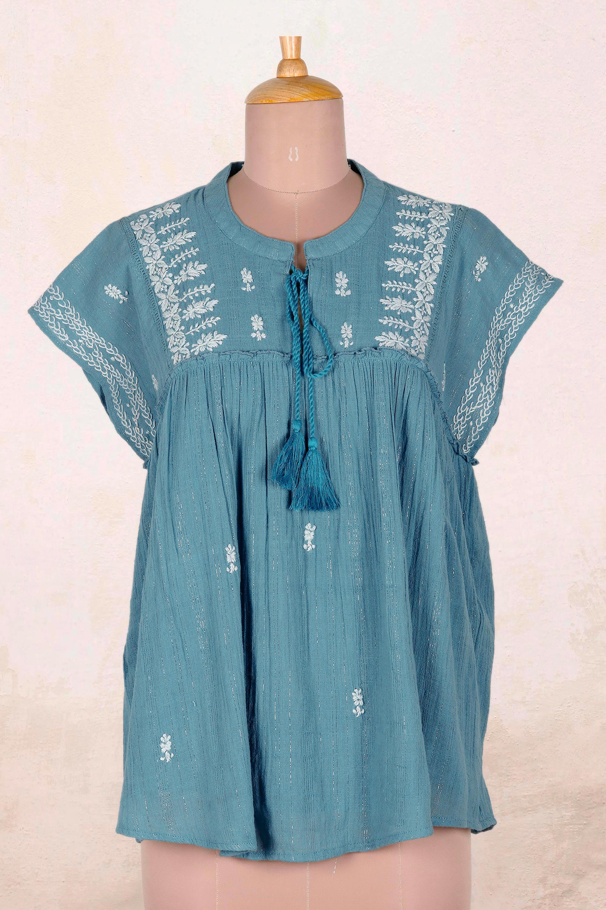 Premium Hand-Embroidered Teal Cotton Blouse | Casual Elegance