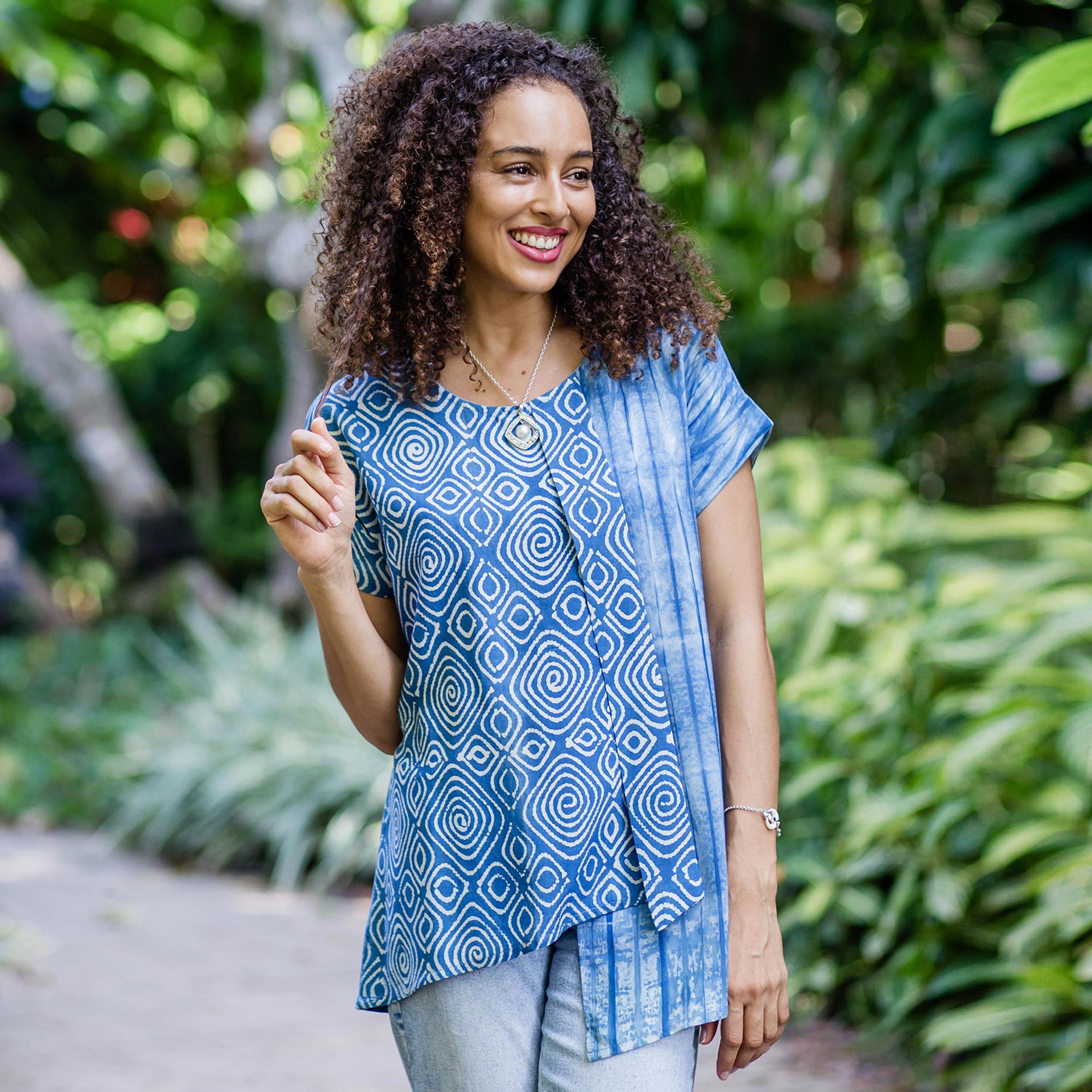 Premium Asymmetric Ocean Tie-Dye Cotton Blouse - Handcrafted in Bali