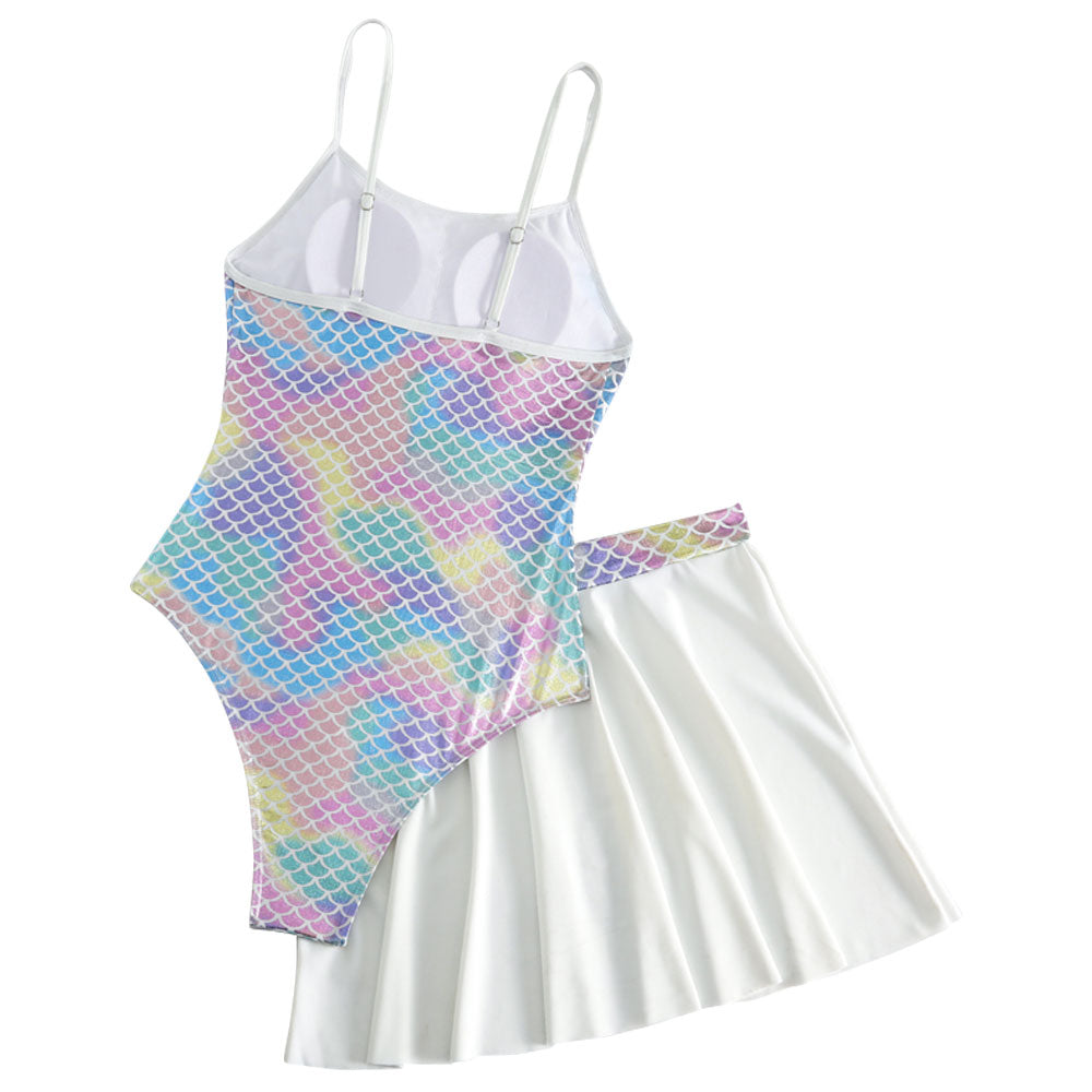 Premium Iridescent Fishscale One-Piece Swimsuit with Flowy Skirt