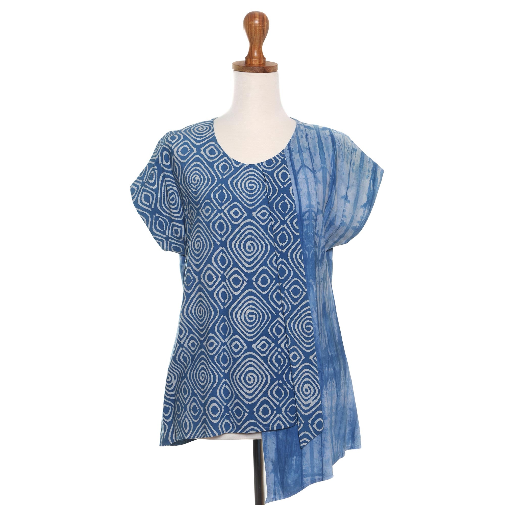 Premium Asymmetric Ocean Tie-Dye Cotton Blouse - Handcrafted in Bali