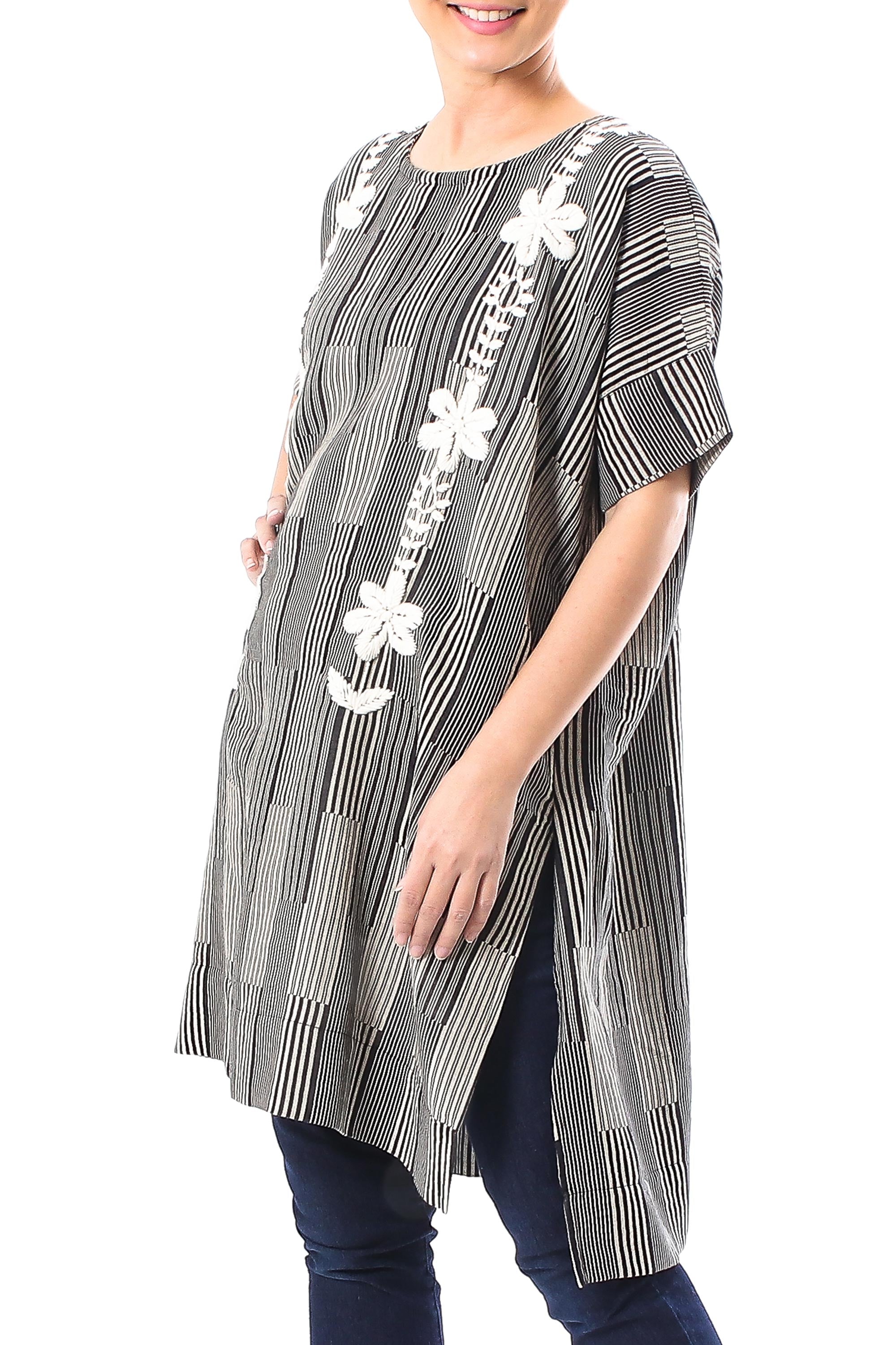 Premium Hand-Embroidered Floral Cotton Tunic - Black & White Lattice Design