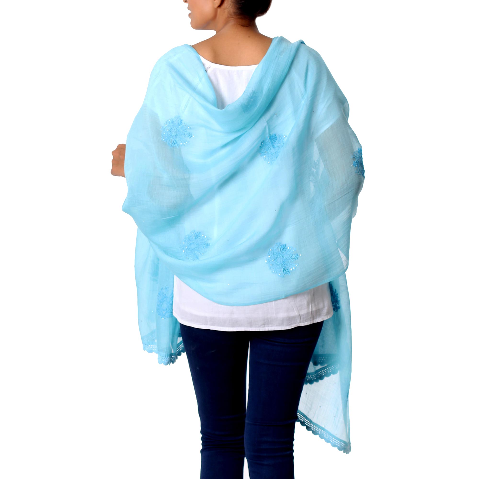 Premium Lucknow Chikankari Shawl - Hand Embroidered Sky Blue Cotton Silk Blend