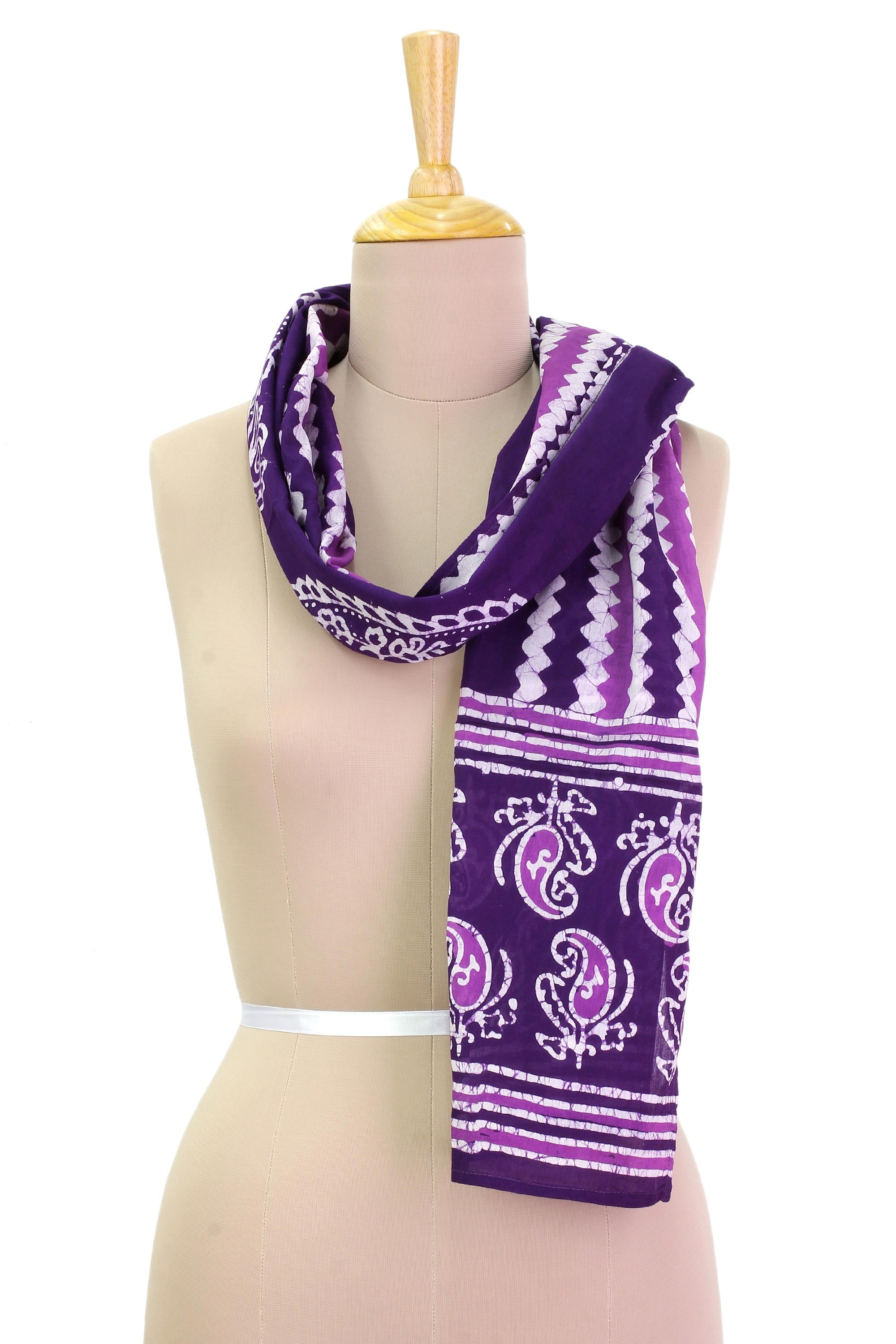 Premium Handcrafted Batik Scarf - Modern Aubergine Paisley & Zig-Zag Design