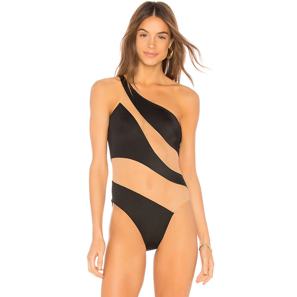 Premium Contrast Mesh One-Shoulder Brazilian Swimsuit