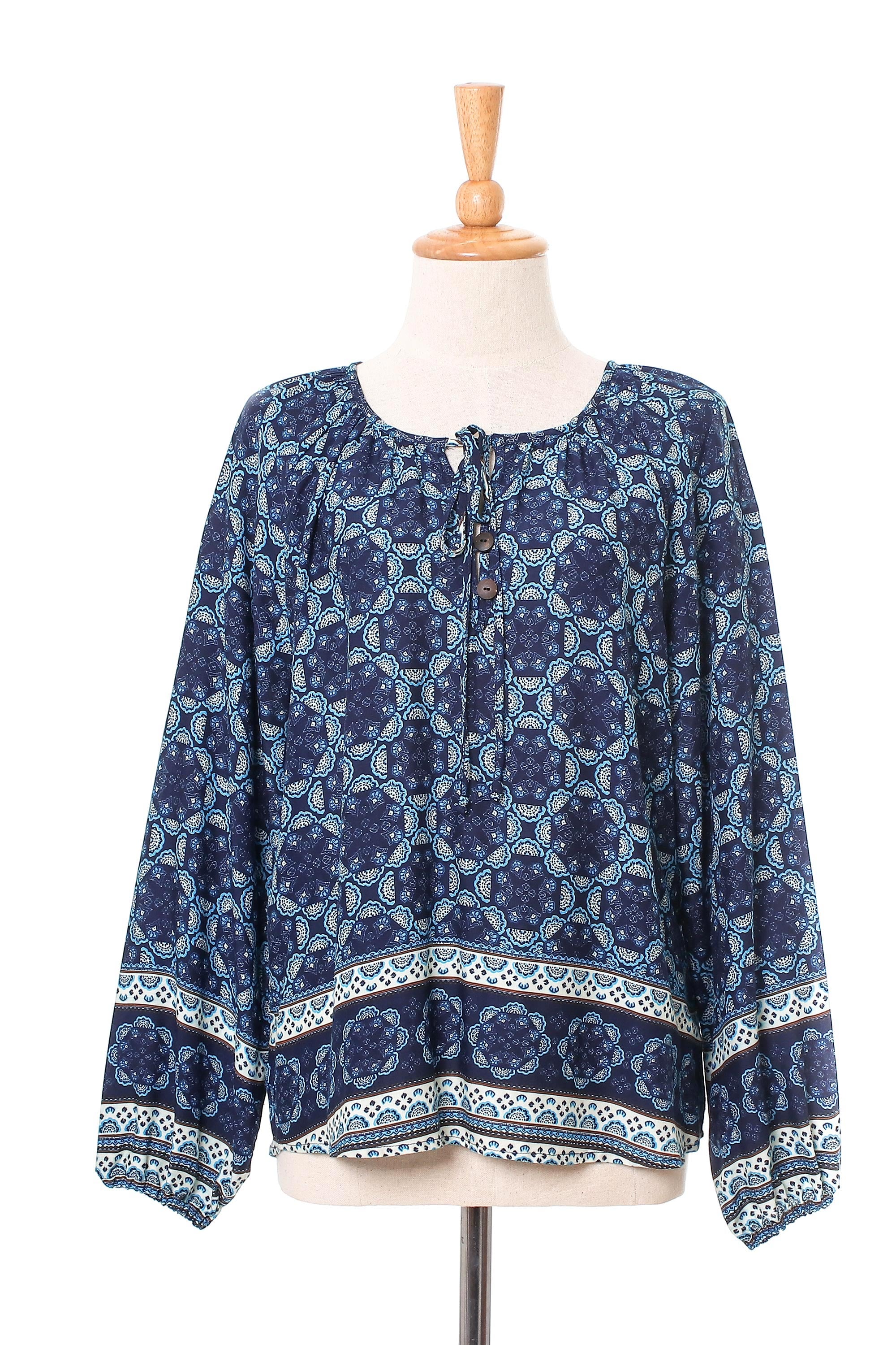 Premium Blue Rayon Blouse with Floral Motif - Elegant Evening Wear