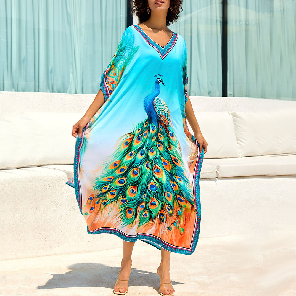 Premium Peacock Print Oversized Caftan - Summer Essential Cover-Up