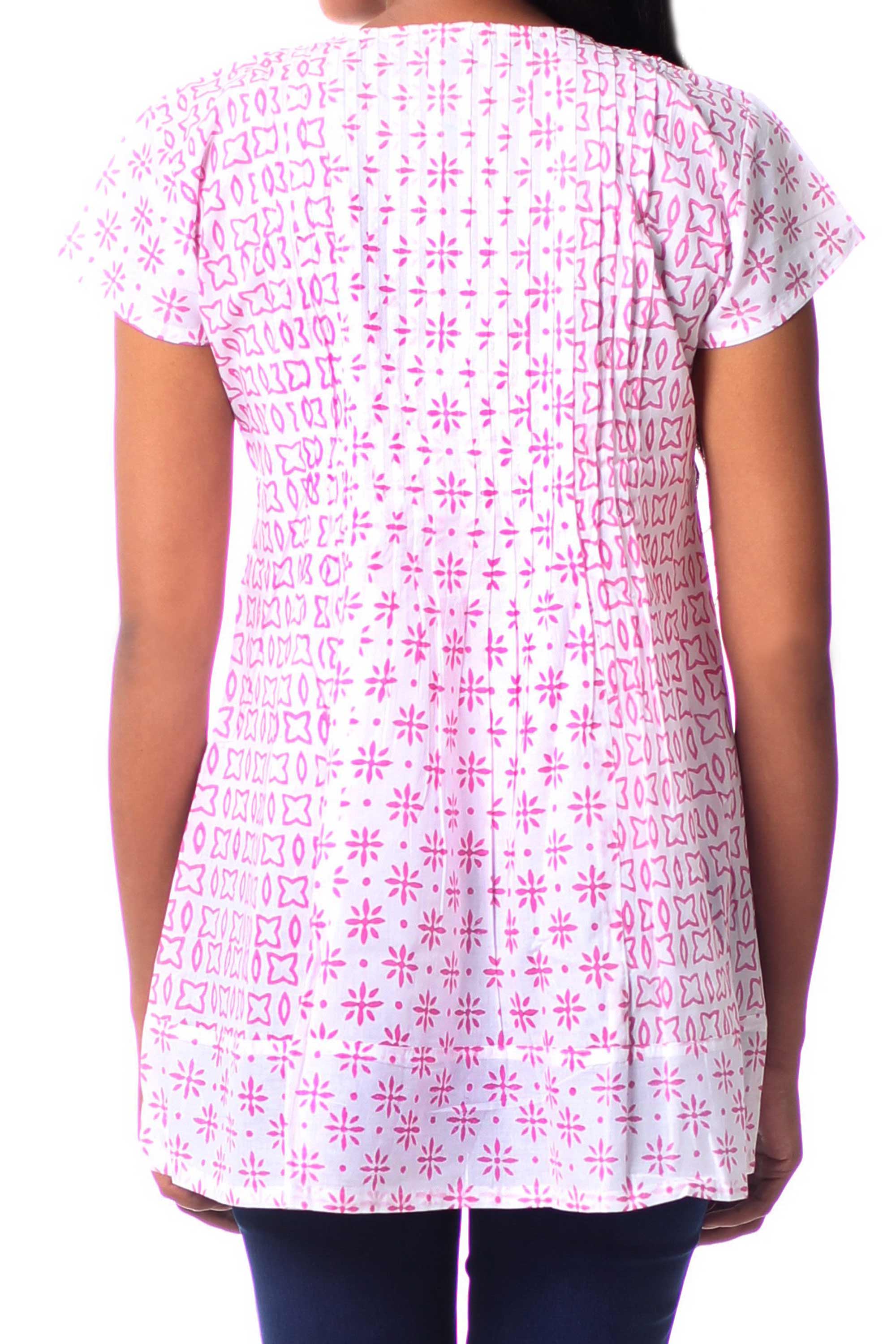 Premium Rose Harmony Handcrafted Cotton Tunic Top - Pink & White