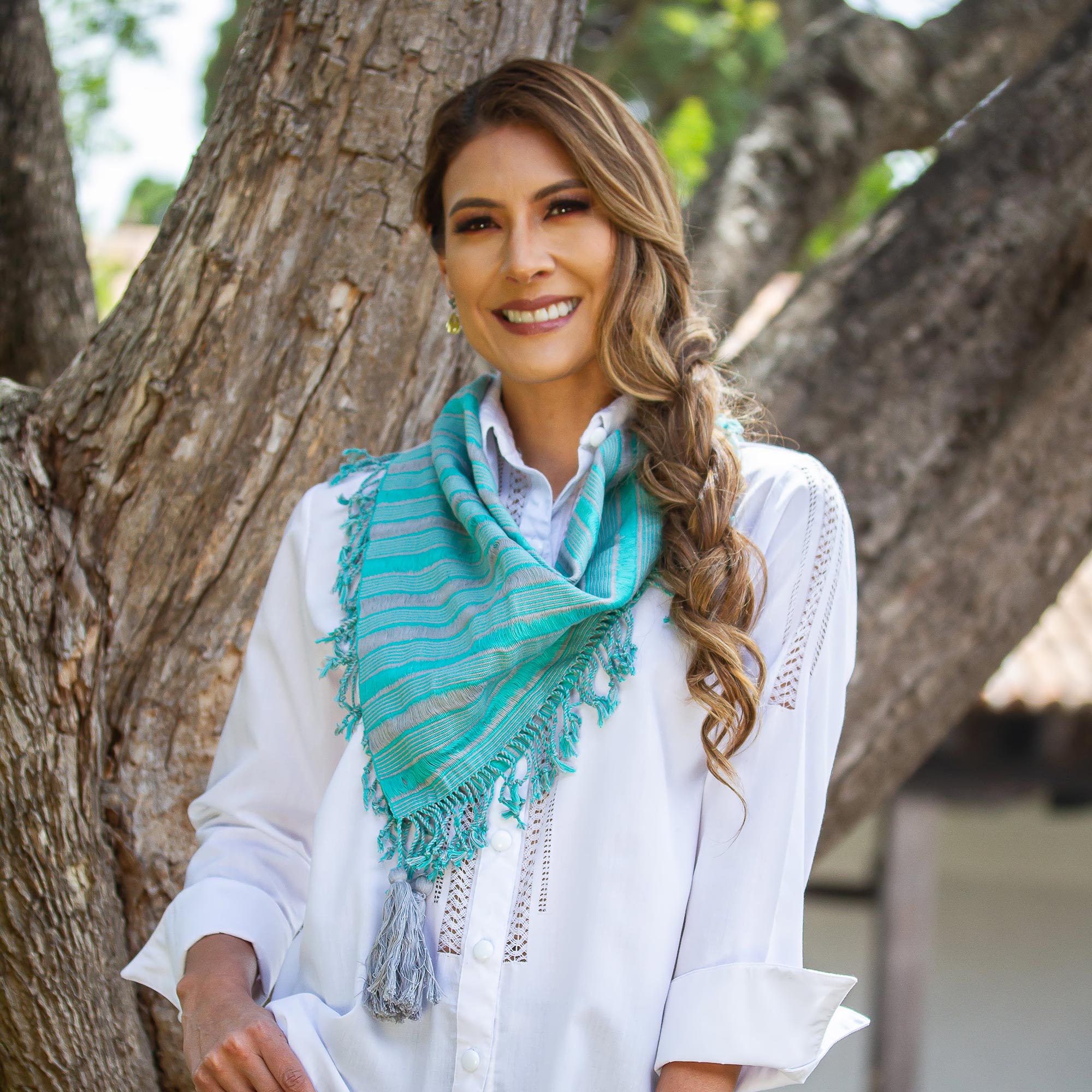 Premium Turquoise & Smoke Handwoven Cotton Scarf – Artisan Crafted in Mexico