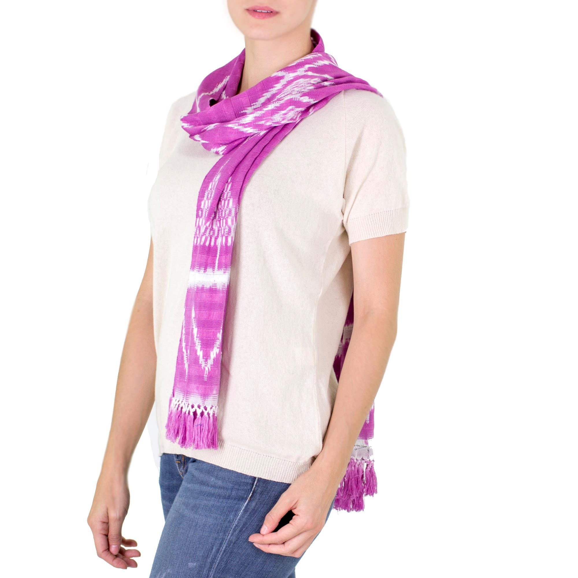 Premium Solola Orchids Fuchsia Cotton Scarf - Handwoven in Guatemala