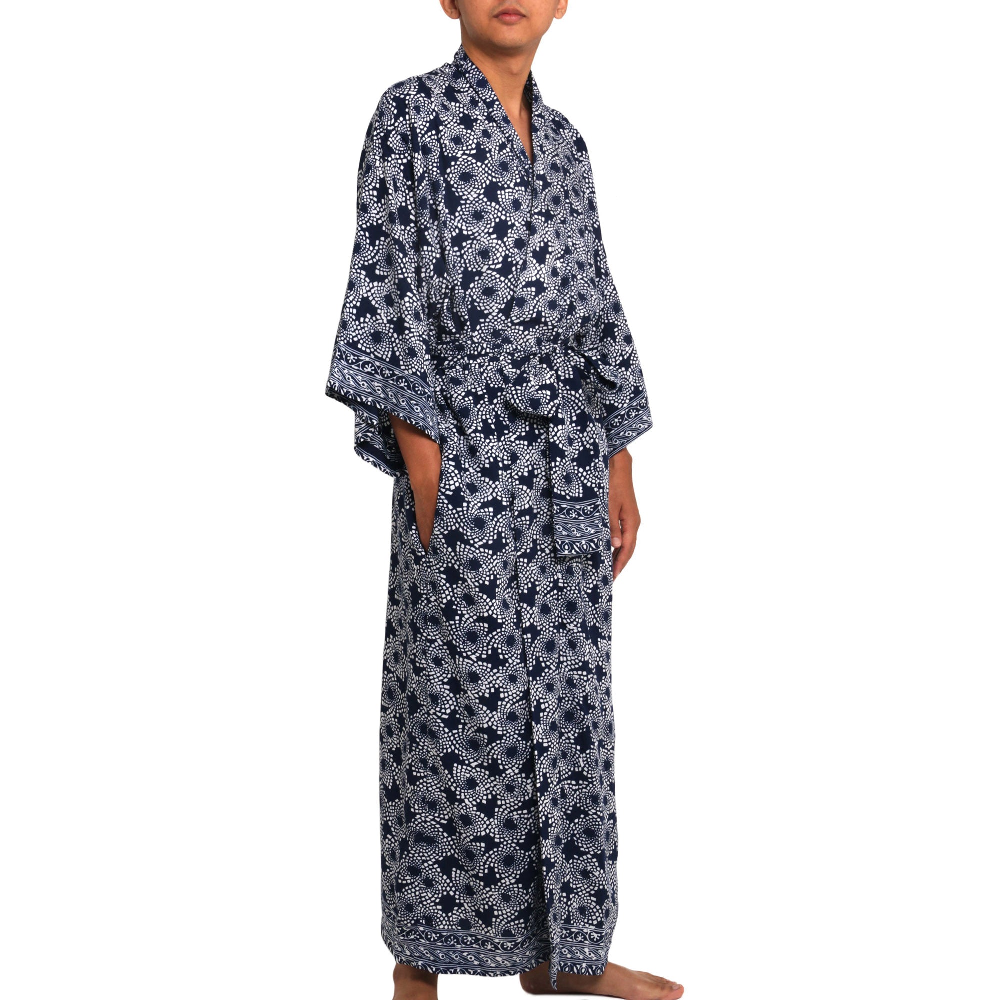 Premium Navy Blue Nebula Men's Batik Robe - Handmade Artistry