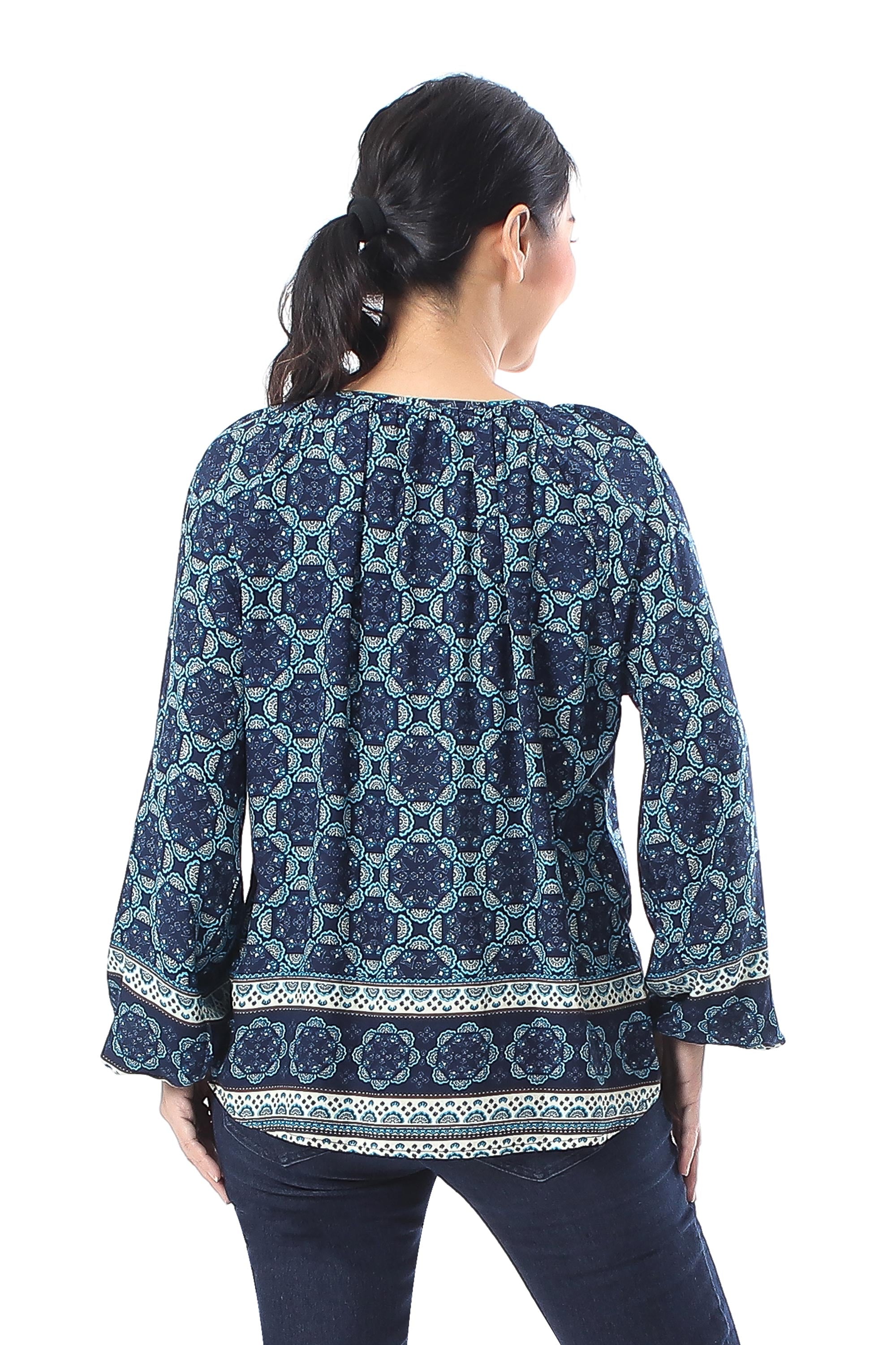 Premium Blue Rayon Blouse with Floral Motif - Elegant Evening Wear