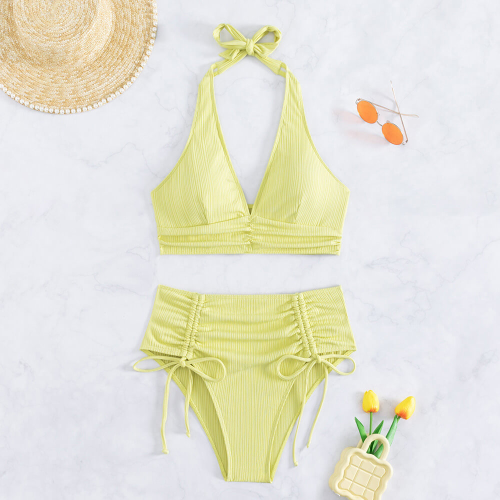 Premium Ruched Tie High Waist Ribbed Halter Bikini Set - Pastel Yellow