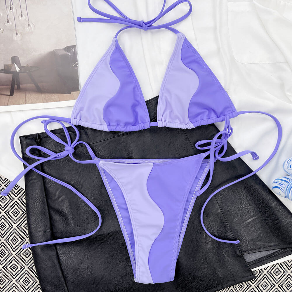 Premium Contrast Color Tie String Slide Triangle Brazilian Bikini Set