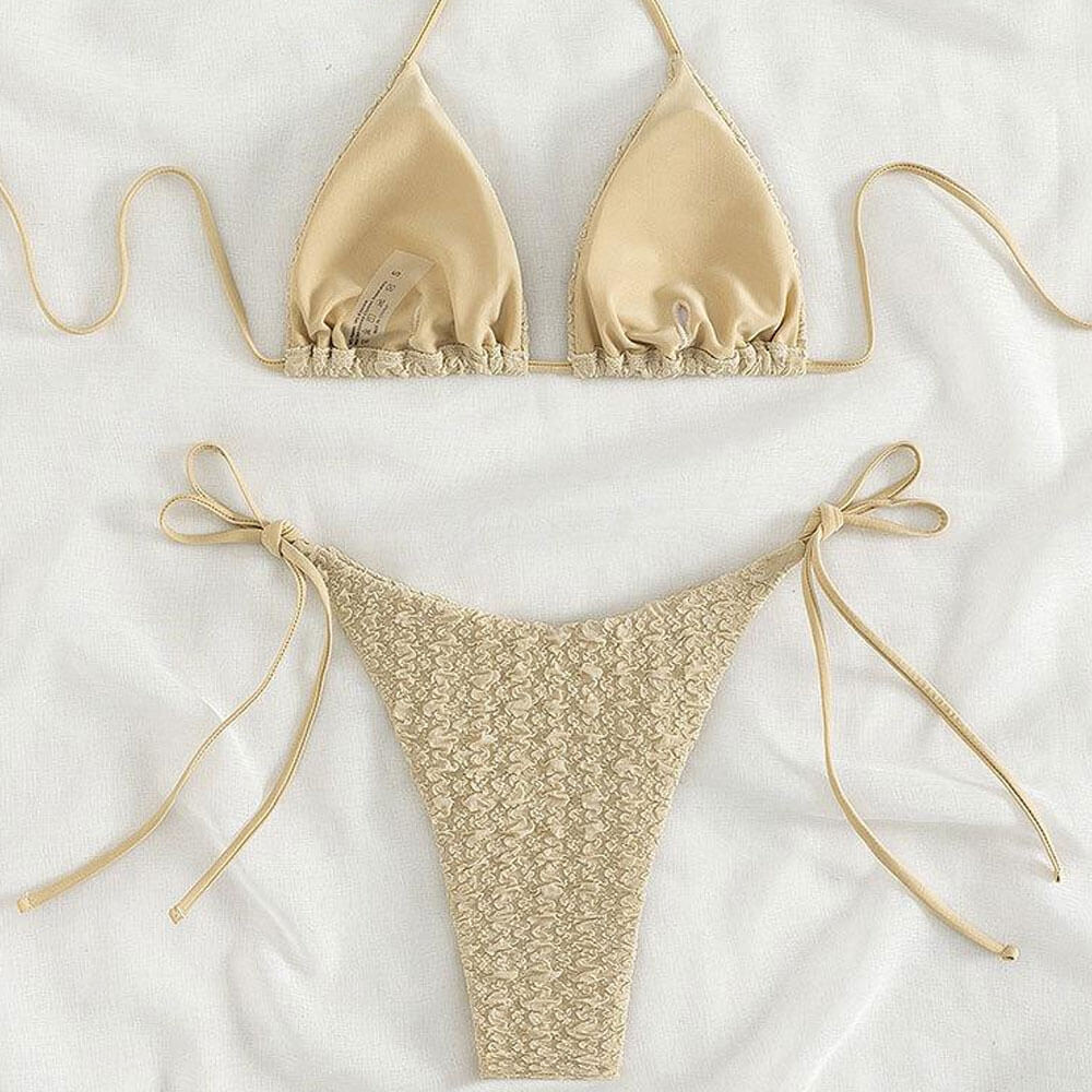 Premium Vintage Embossed Tie String Bikini Set - Khaki