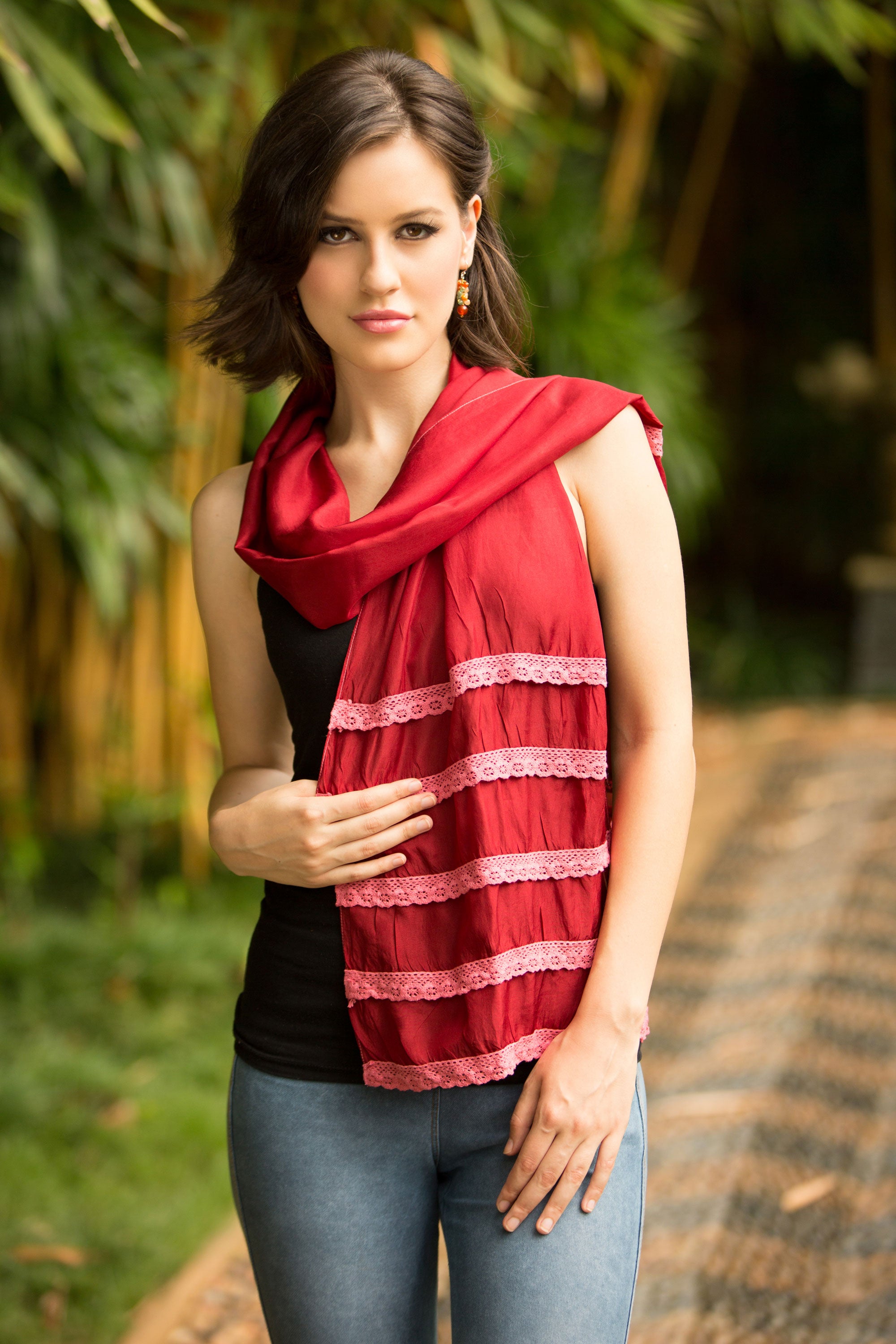 Premium Burgundy Silk Blend Scarf with Floral Lace Trim