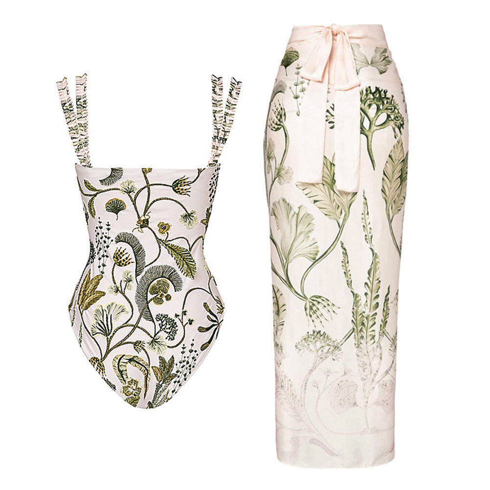 Premium Botanical Print One-Piece Swimsuit with Double Strap & Cover-Up Skirt