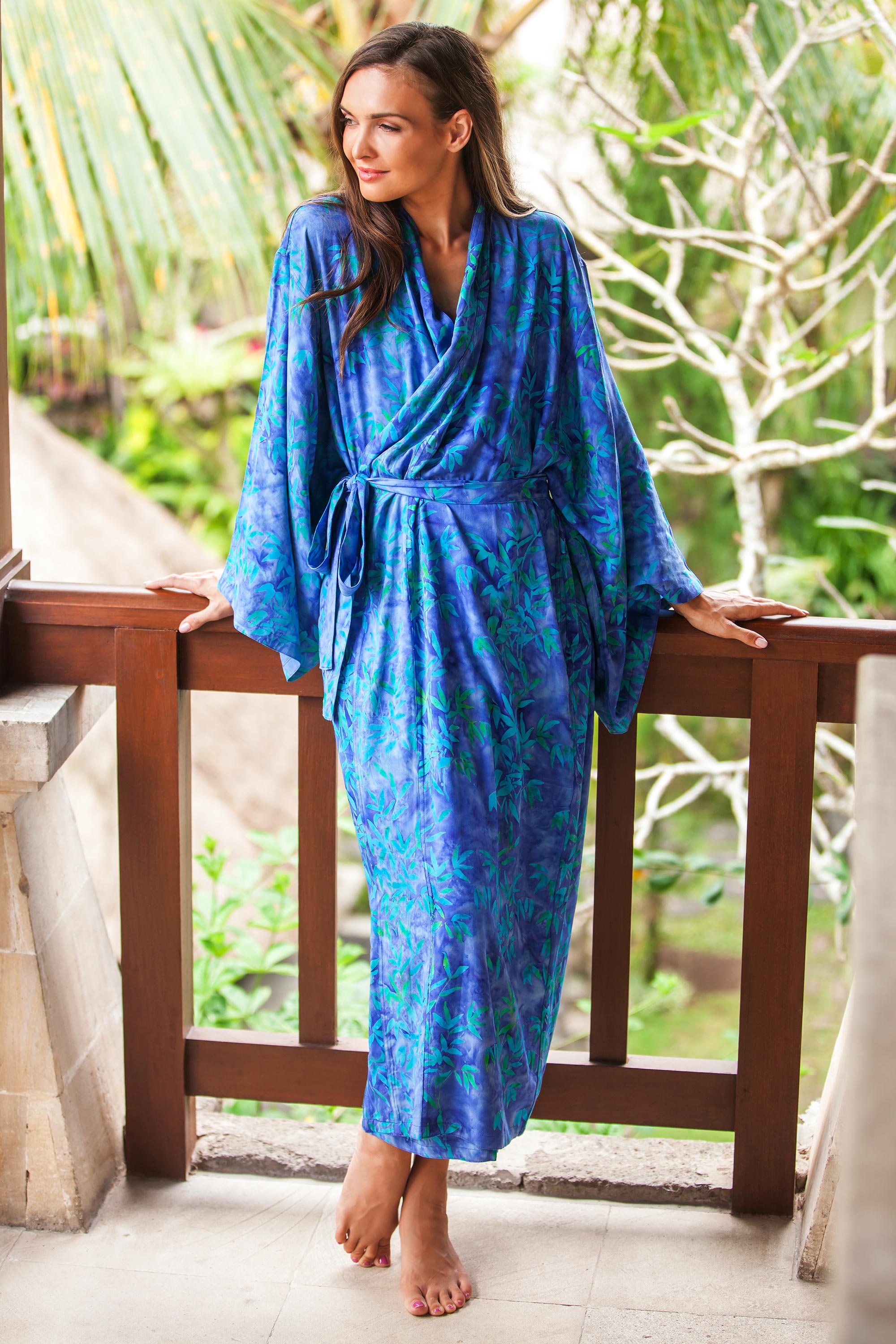 Premium Handcrafted Batik Rayon Robe with Belt - Mystical Grove Design