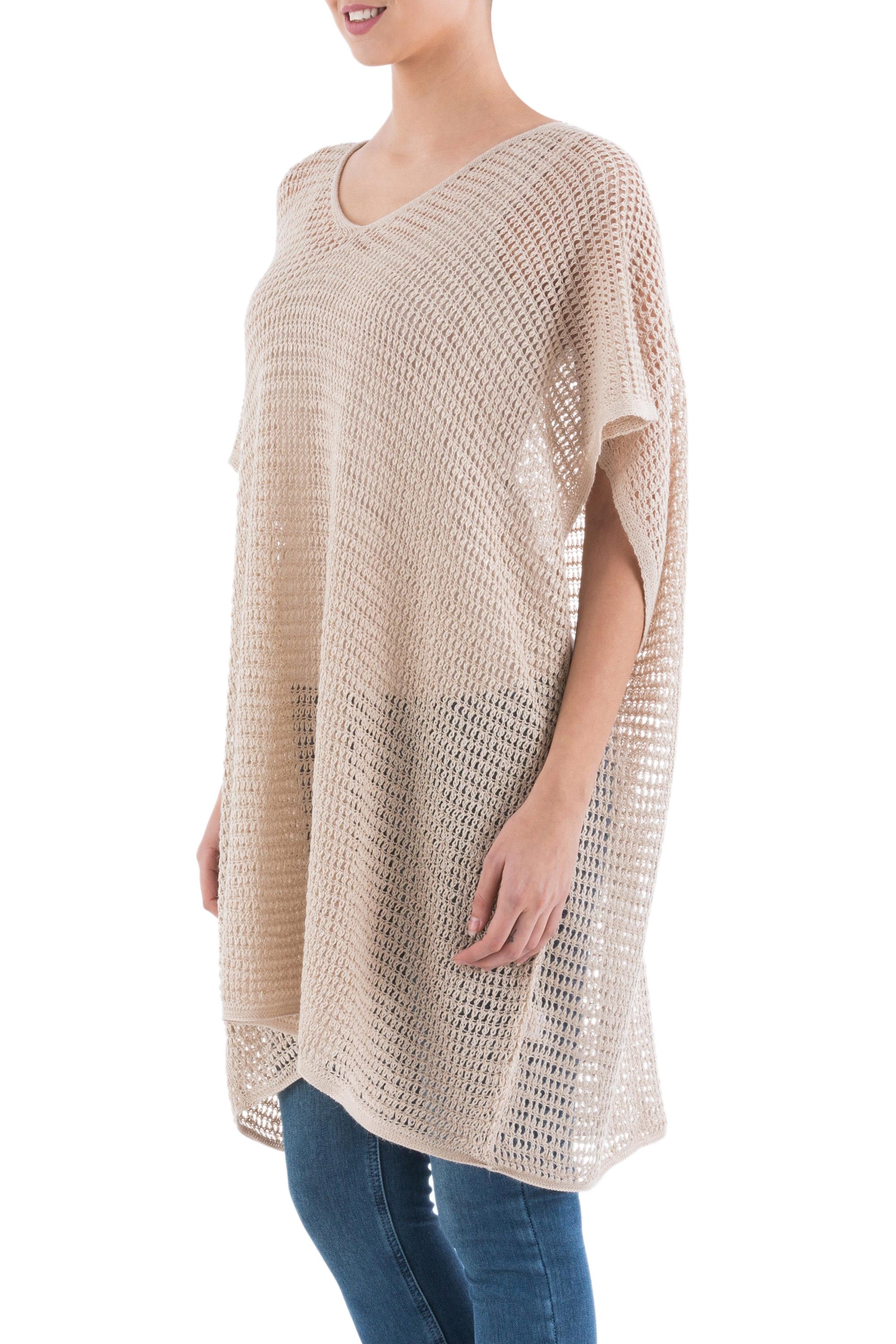 Premium Beige Dreamcatcher Tunic - Soft V-Neck & Short Sleeves