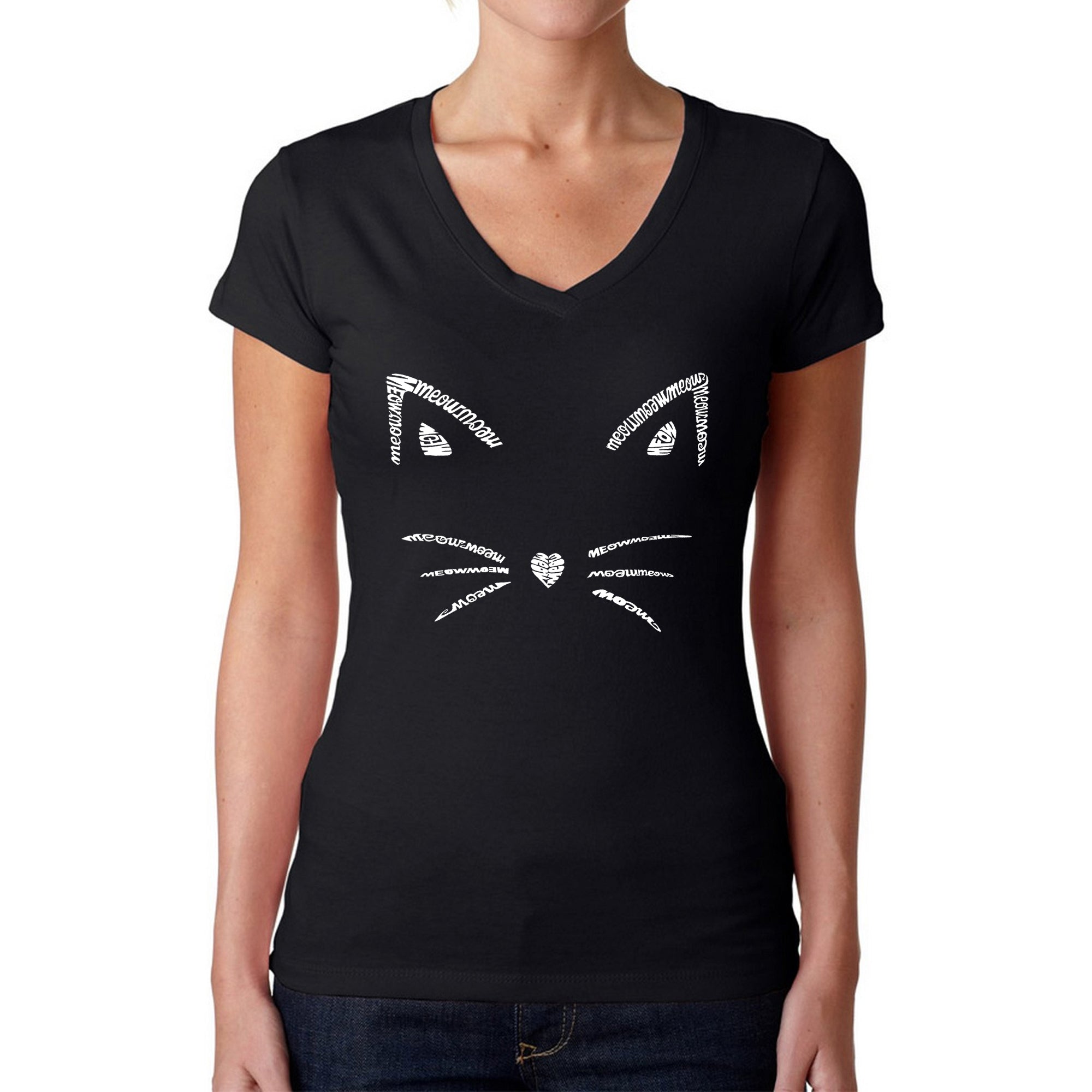 Premium Whiskers - Women's Meow Word Art V-Neck Tee