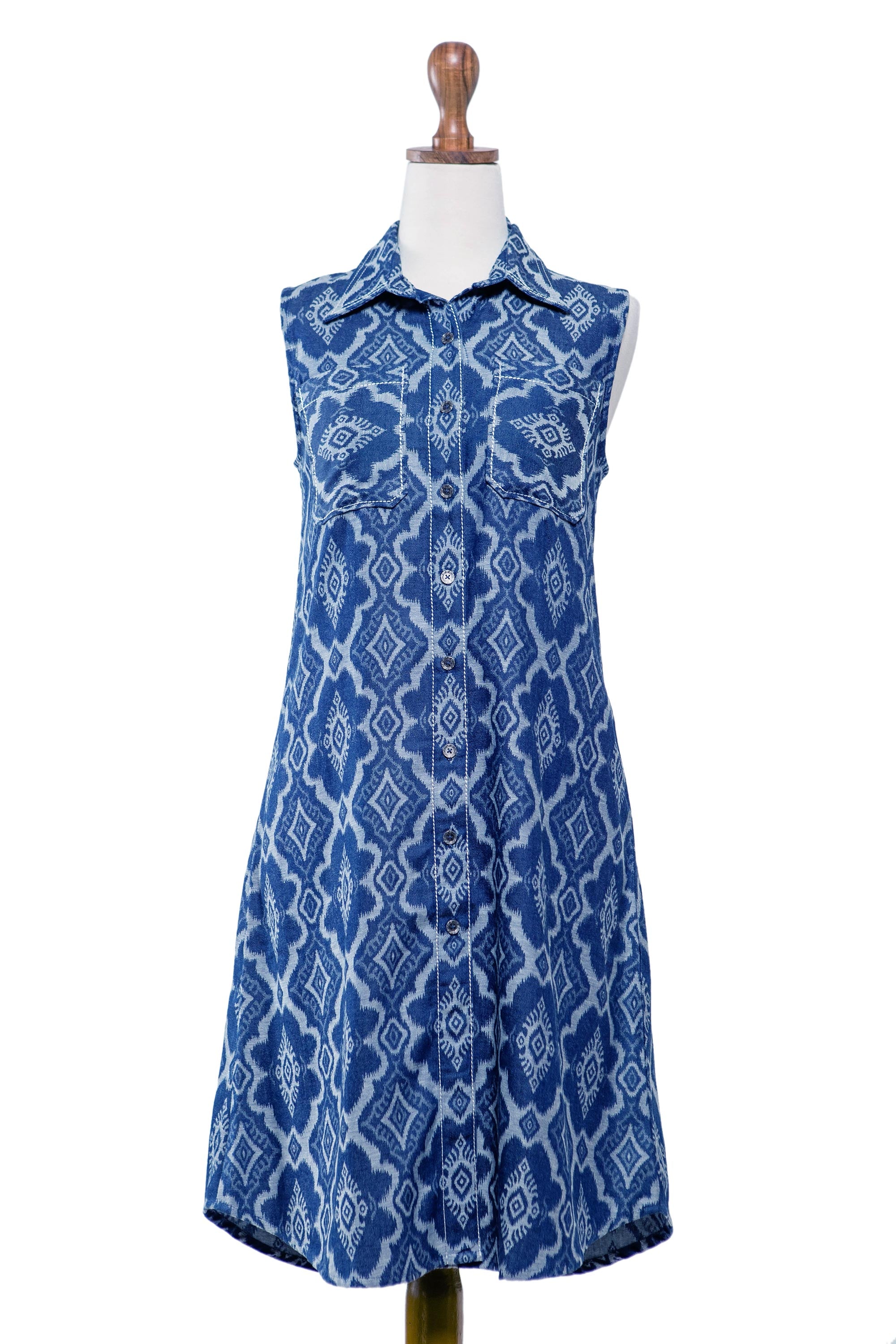 Premium Eyeful Blue Cotton Shirt Dress - Geometric Batik Design