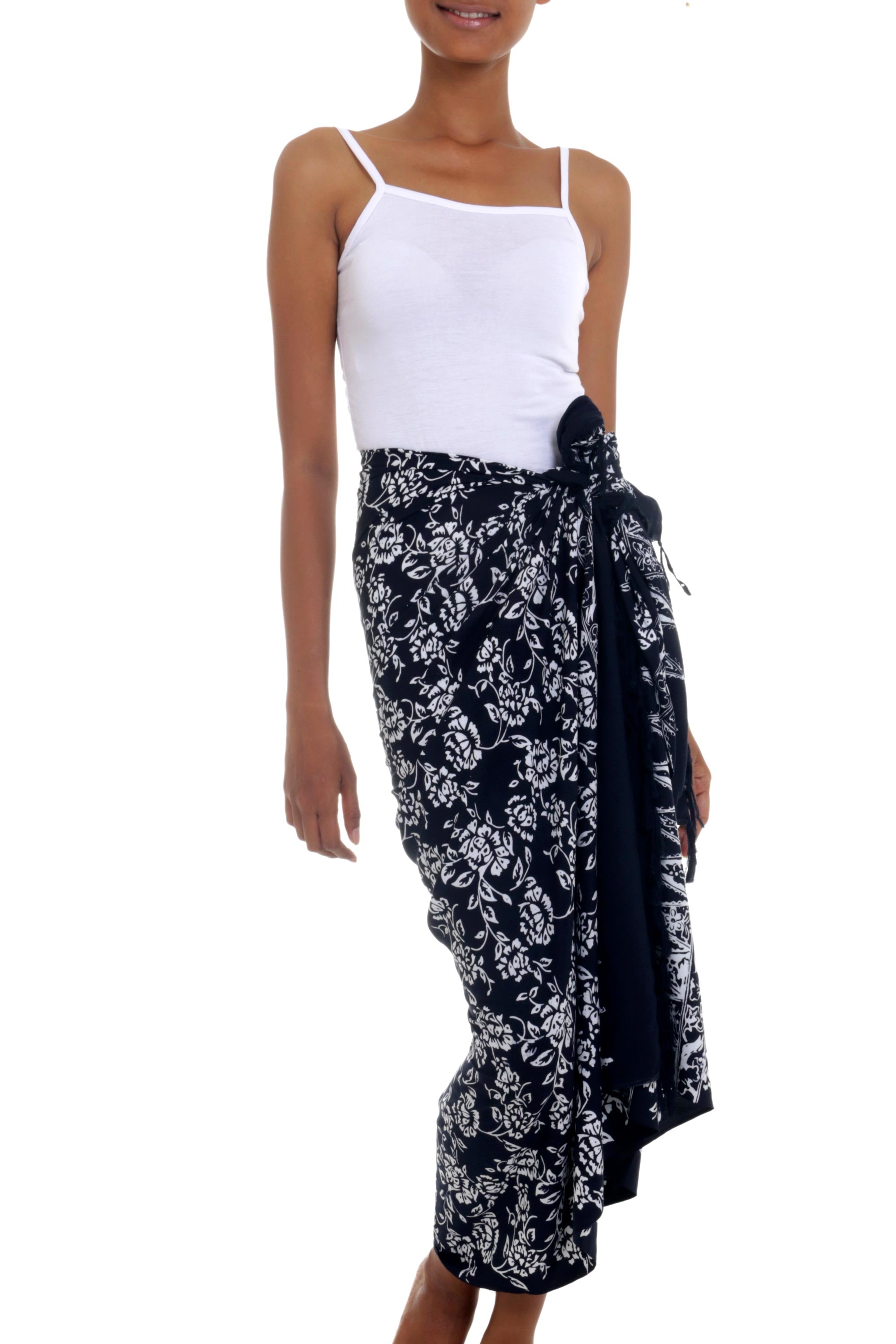 Premium Tropical Rayon Sarong - Black & White Floral Batik Design