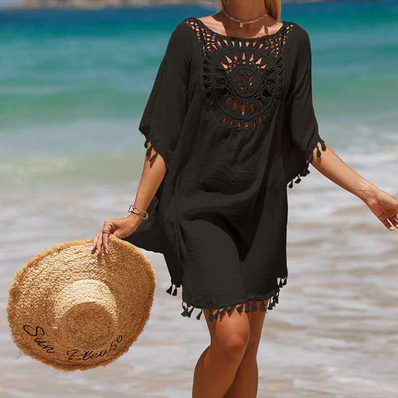 Premium Oversized Crochet Beach Cover-Up with Tasseled Sleeves & Keyhole Design