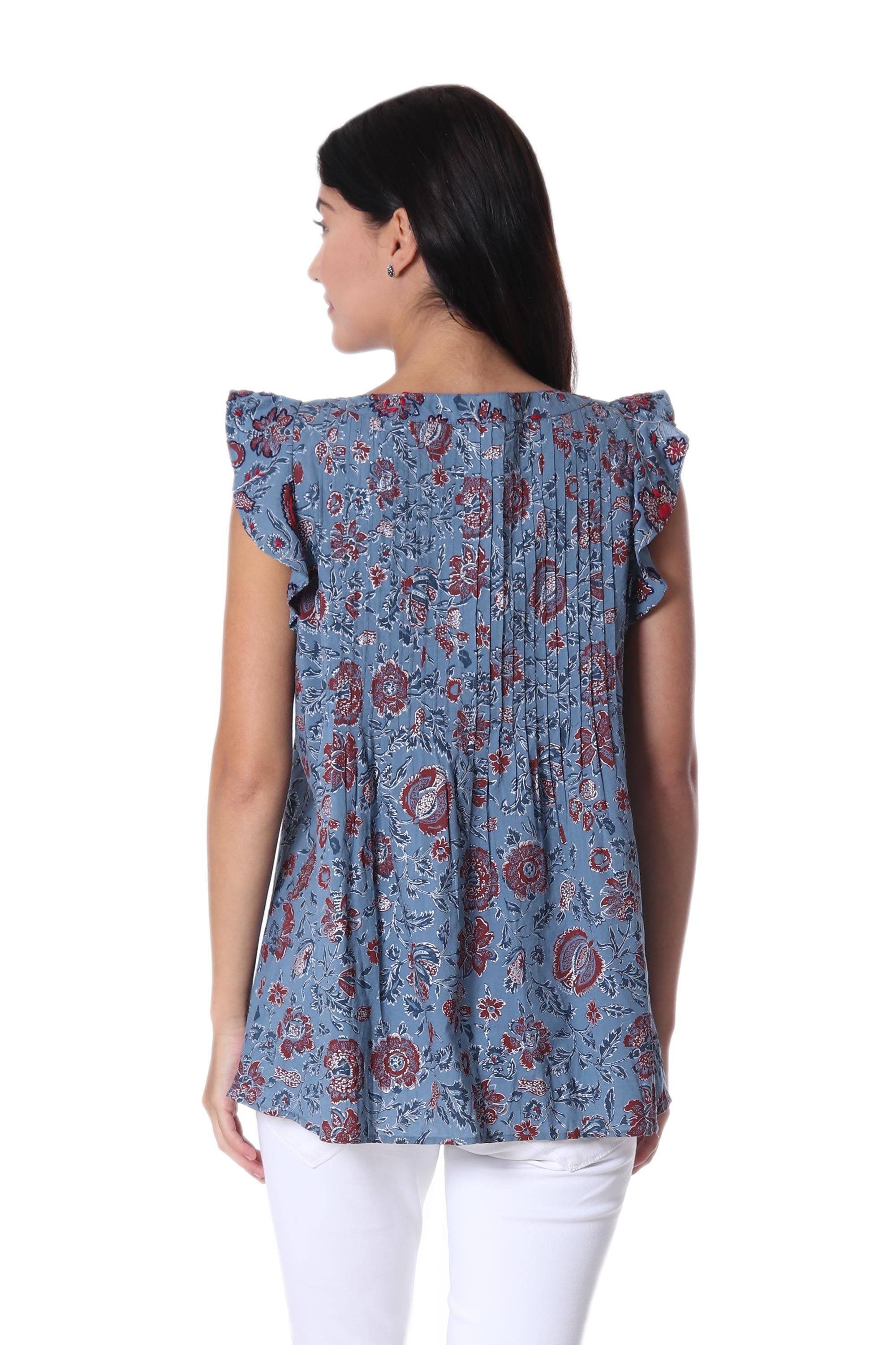 Premium Cerulean Floral Cotton Blouse by Shashi Sehagl