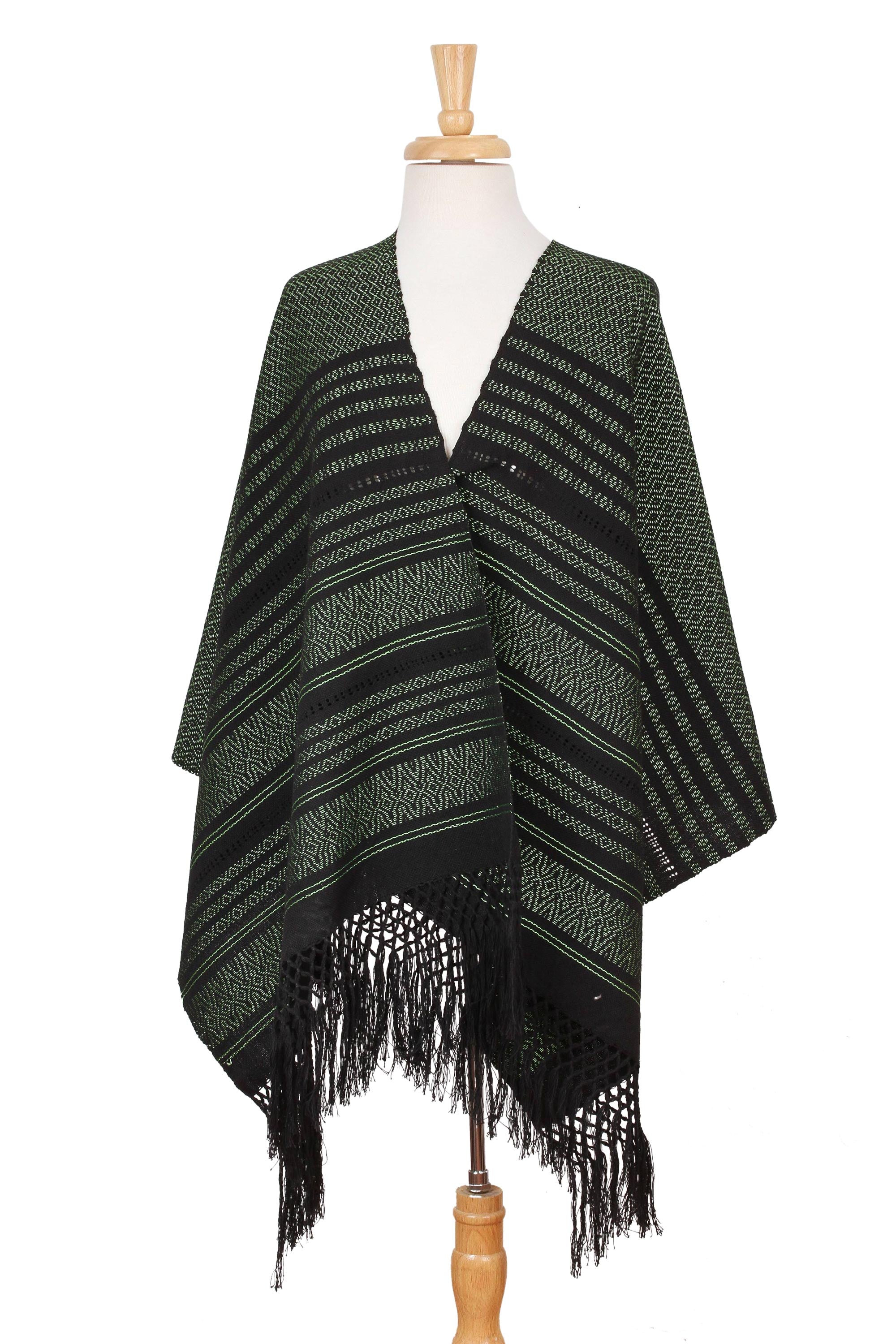 Premium Handwoven Mexican Rebozo Shawl - Evening Drama Green on Black