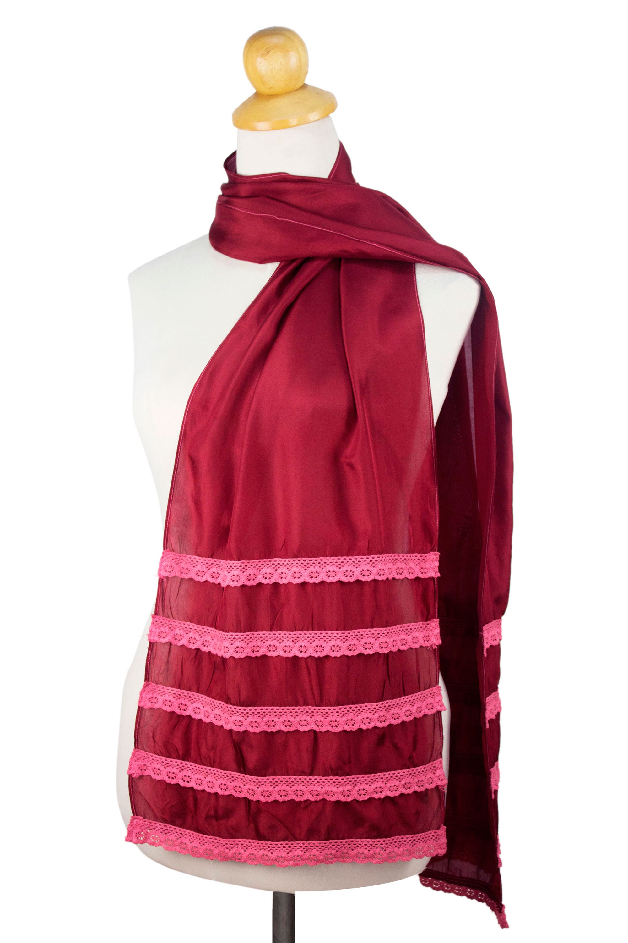 Premium Burgundy Silk Blend Scarf with Floral Lace Trim