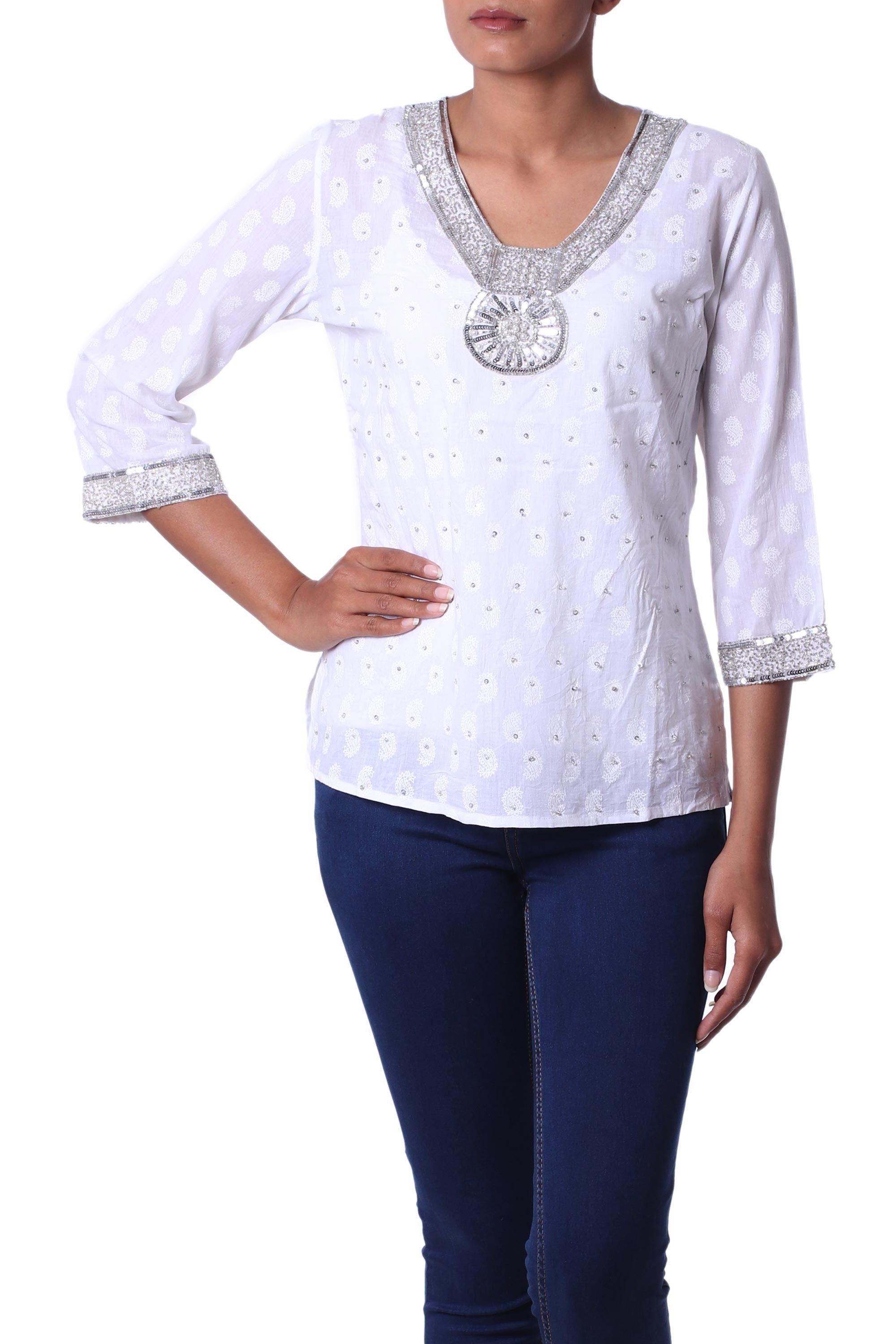 Premium Handcrafted Cotton Beaded Blouse - Elegant White