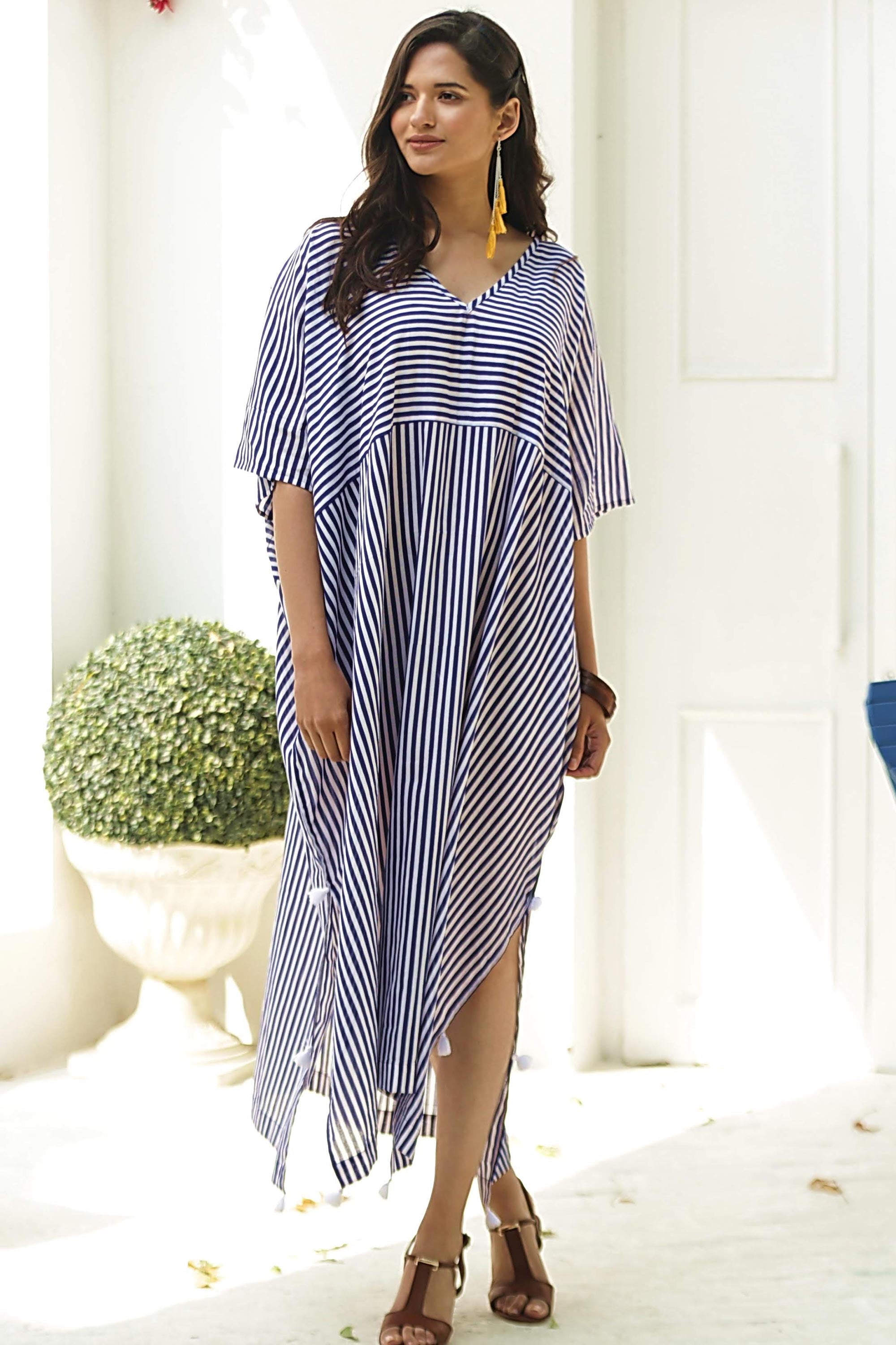 Premium Navy & White Striped Cotton Caftan Dress – Ultimate Comfort & Style