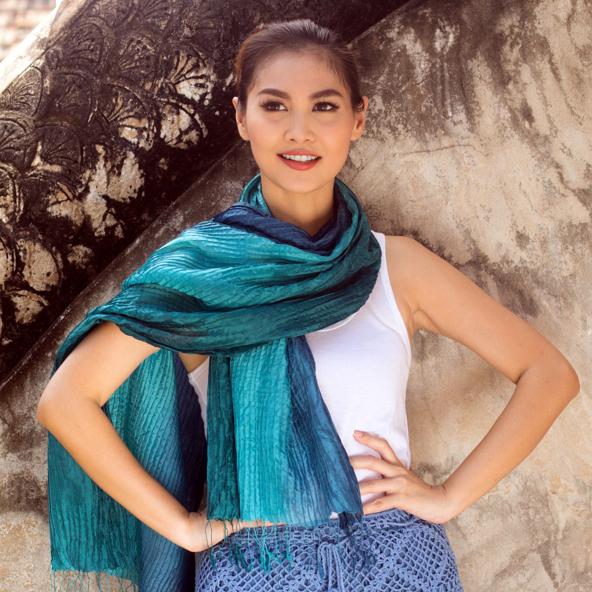 Premium Hand-Dyed Aqua Turquoise Silk Scarf with Ombré Elegance