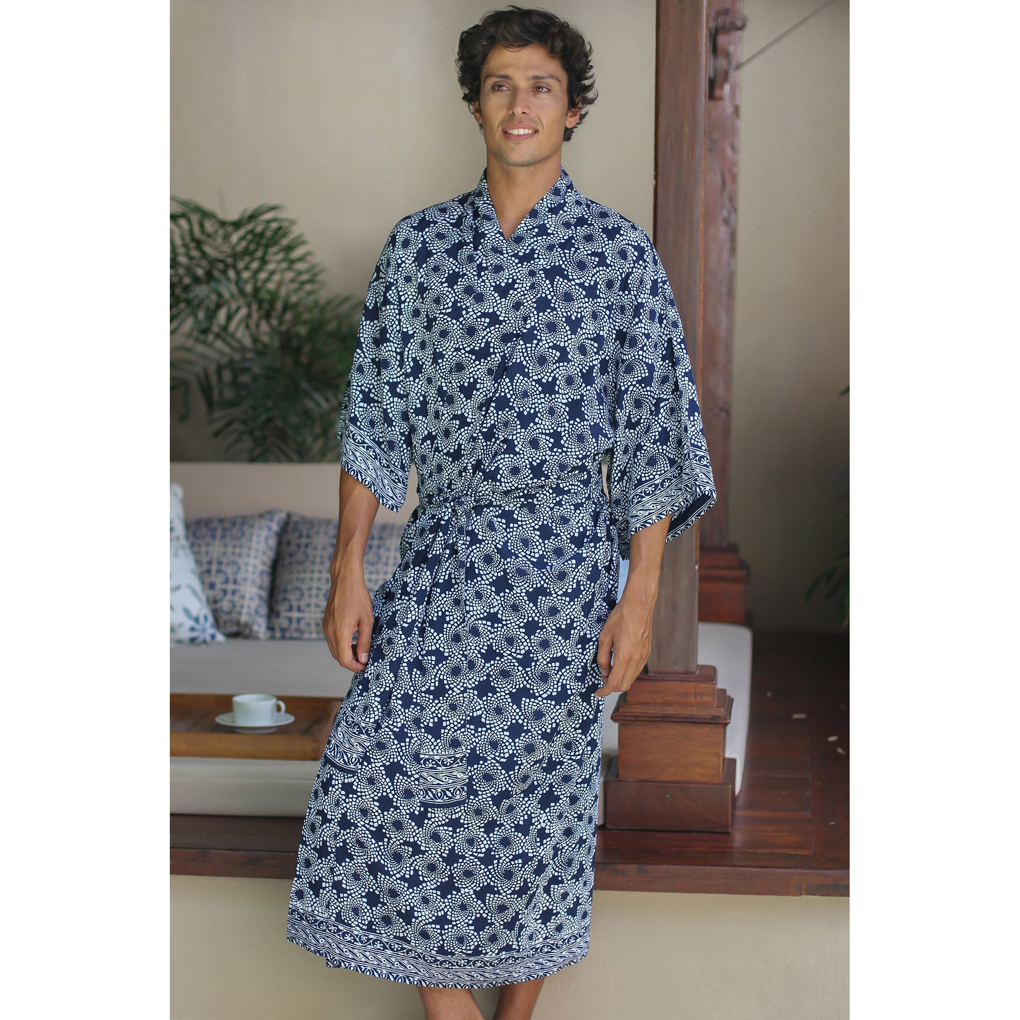 Premium Navy Blue Nebula Men's Batik Robe - Handmade Artistry